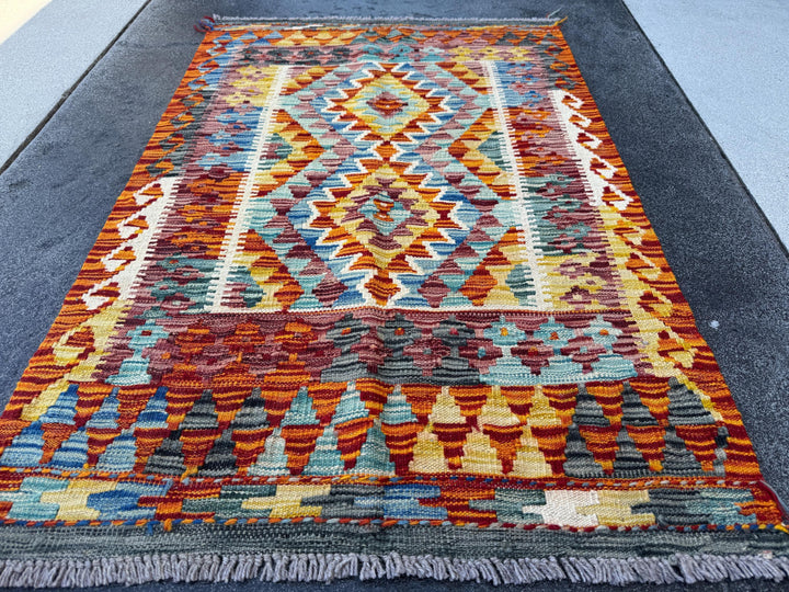 3x4 (91x121) Handmade Afghan Kilim Rug | Burnt Orange Grey Black White Cream Yellow Teal Midnight Denim Blue Maroon Burgundy Red | Wool