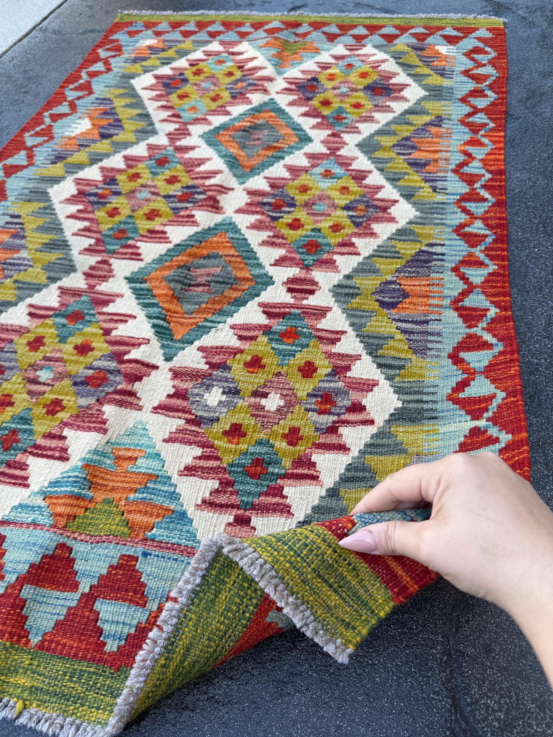 3x4 (91x121) Handmade Afghan Kilim Rug | Scarlet Brick Red Emerald Olive Green White Baby Denim Teal Prussian Blue Mustard Yellow Grey