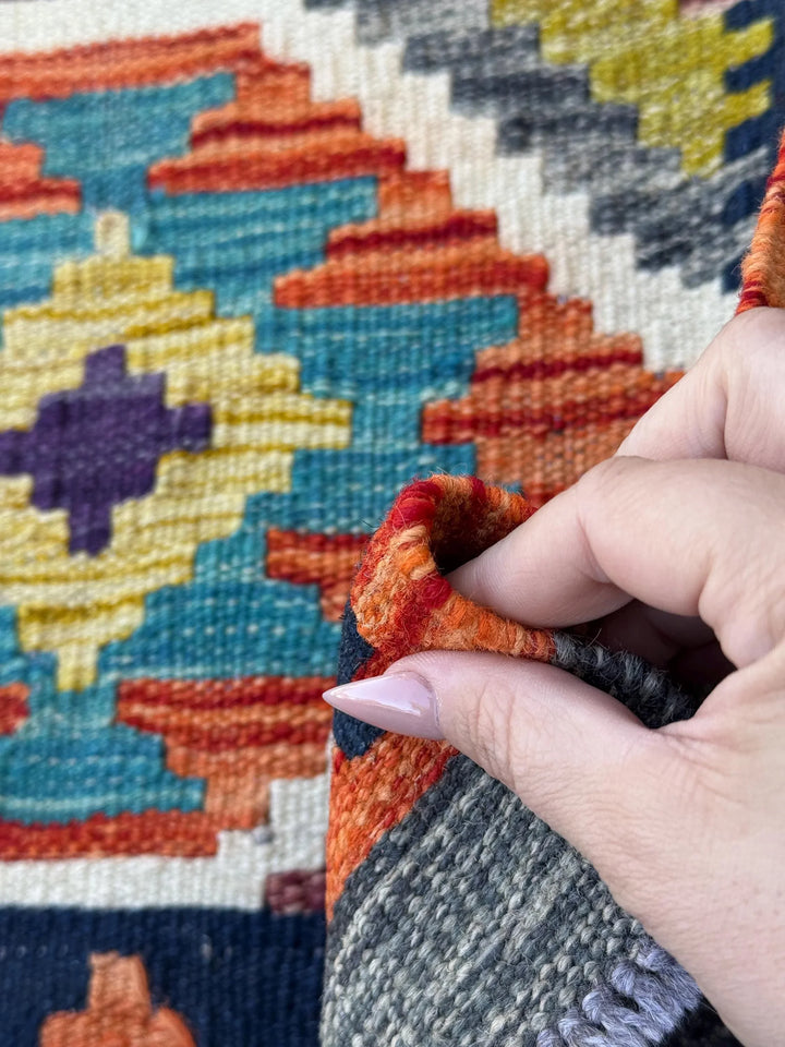 3x4 (91x121) Handmade Afghan Kilim Rug | Orange Black Teal Turquoise White Grey Moss Sage Green Purple Maroon Red | Wool Flatweave Bold