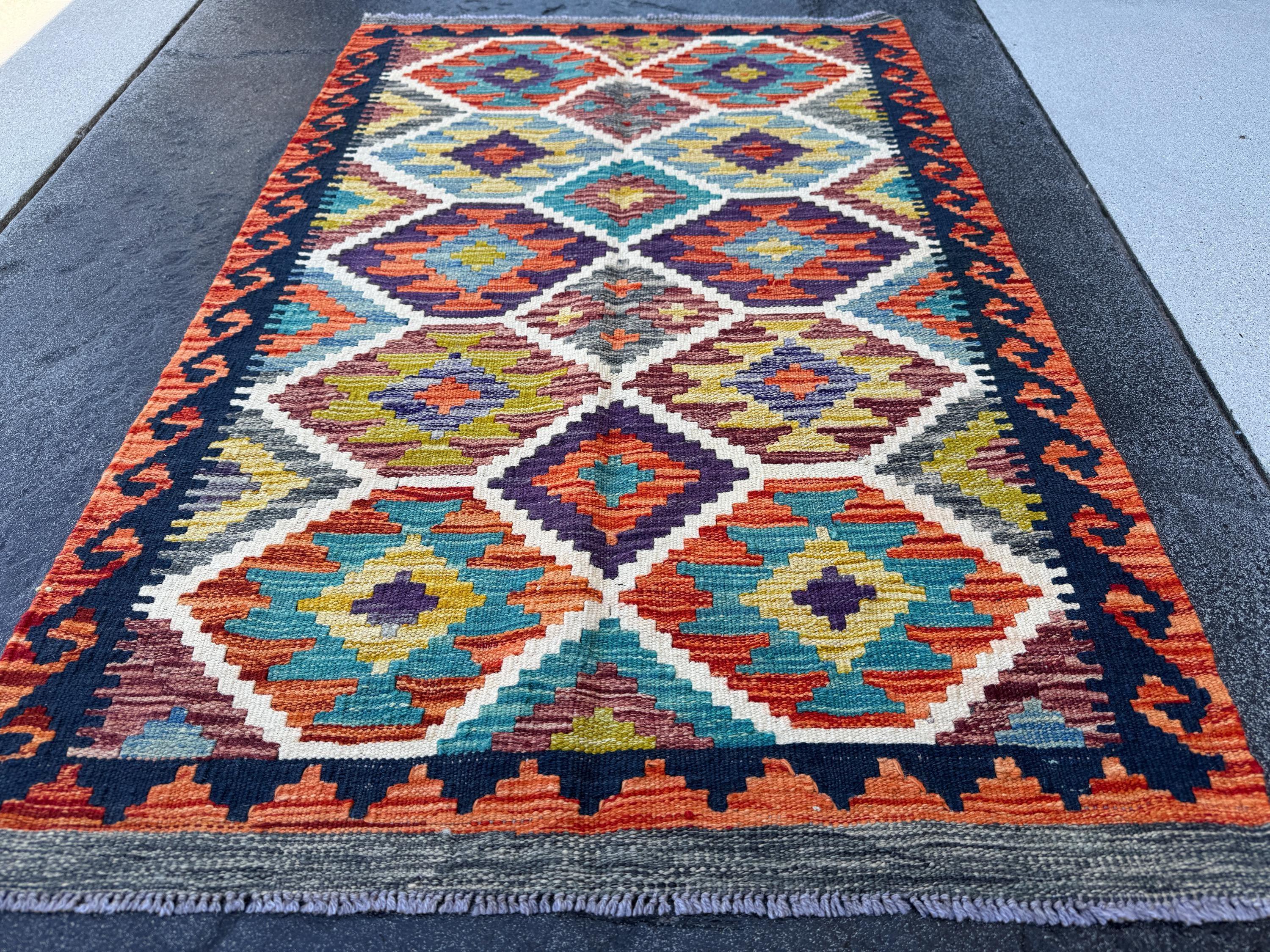 3x4 (91x121) Handmade Afghan Kilim Rug | Orange Black Teal Turquoise White Grey Moss Sage Green Purple Maroon Red | Wool Flatweave Bold