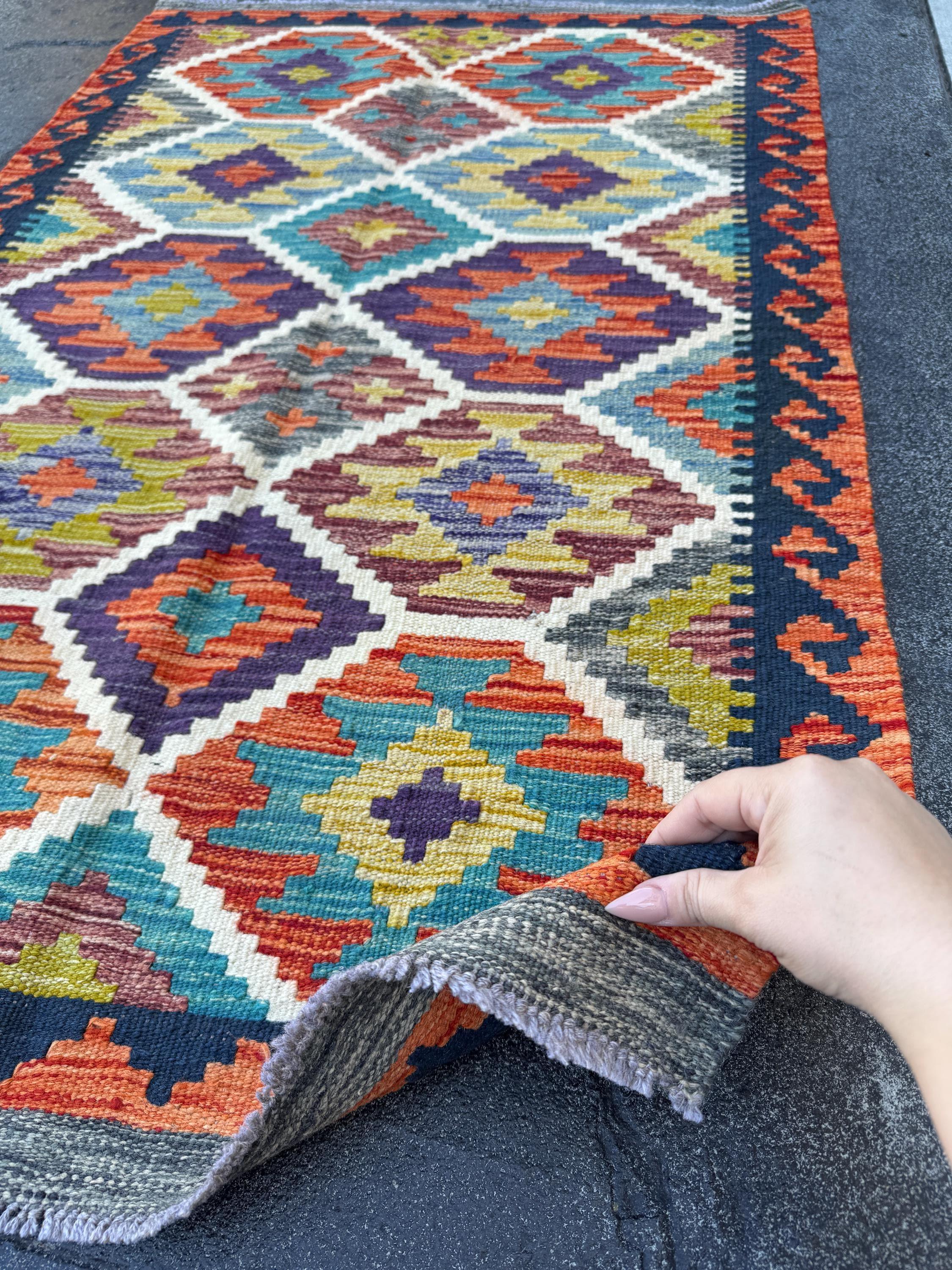3x4 (91x121) Handmade Afghan Kilim Rug | Orange Black Teal Turquoise White Grey Moss Sage Green Purple Maroon Red | Wool Flatweave Bold