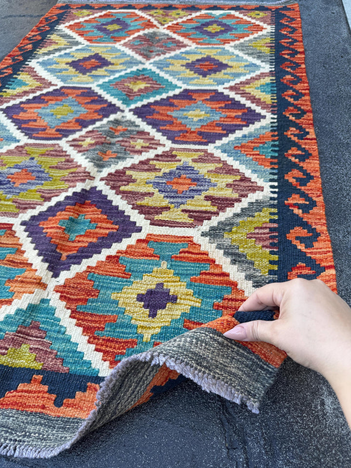 3x4 (91x121) Handmade Afghan Kilim Rug | Orange Black Teal Turquoise White Grey Moss Sage Green Purple Maroon Red | Wool Flatweave Bold