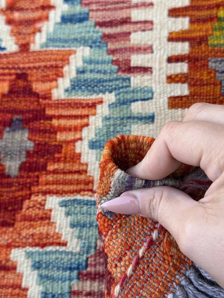 3x4 (91x121) Handmade Afghan Kilim Rug | Burnt Orange Blood Brick Scarlet Red Cream White Denim Blue Grey Black Forest Moss Green | Wool