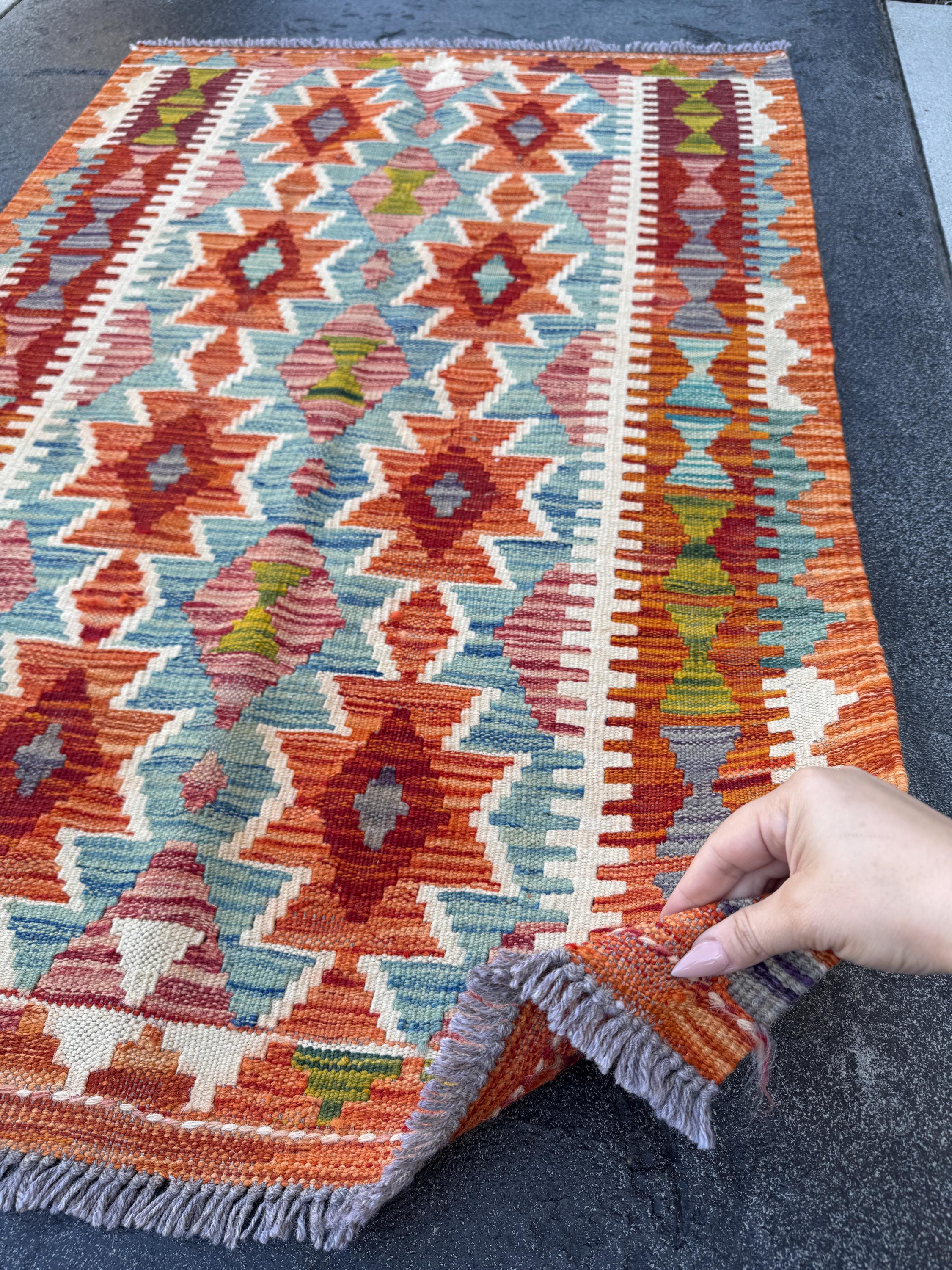 3x4 (91x121) Handmade Afghan Kilim Rug | Burnt Orange Blood Brick Scarlet Red Cream White Denim Blue Grey Black Forest Moss Green | Wool