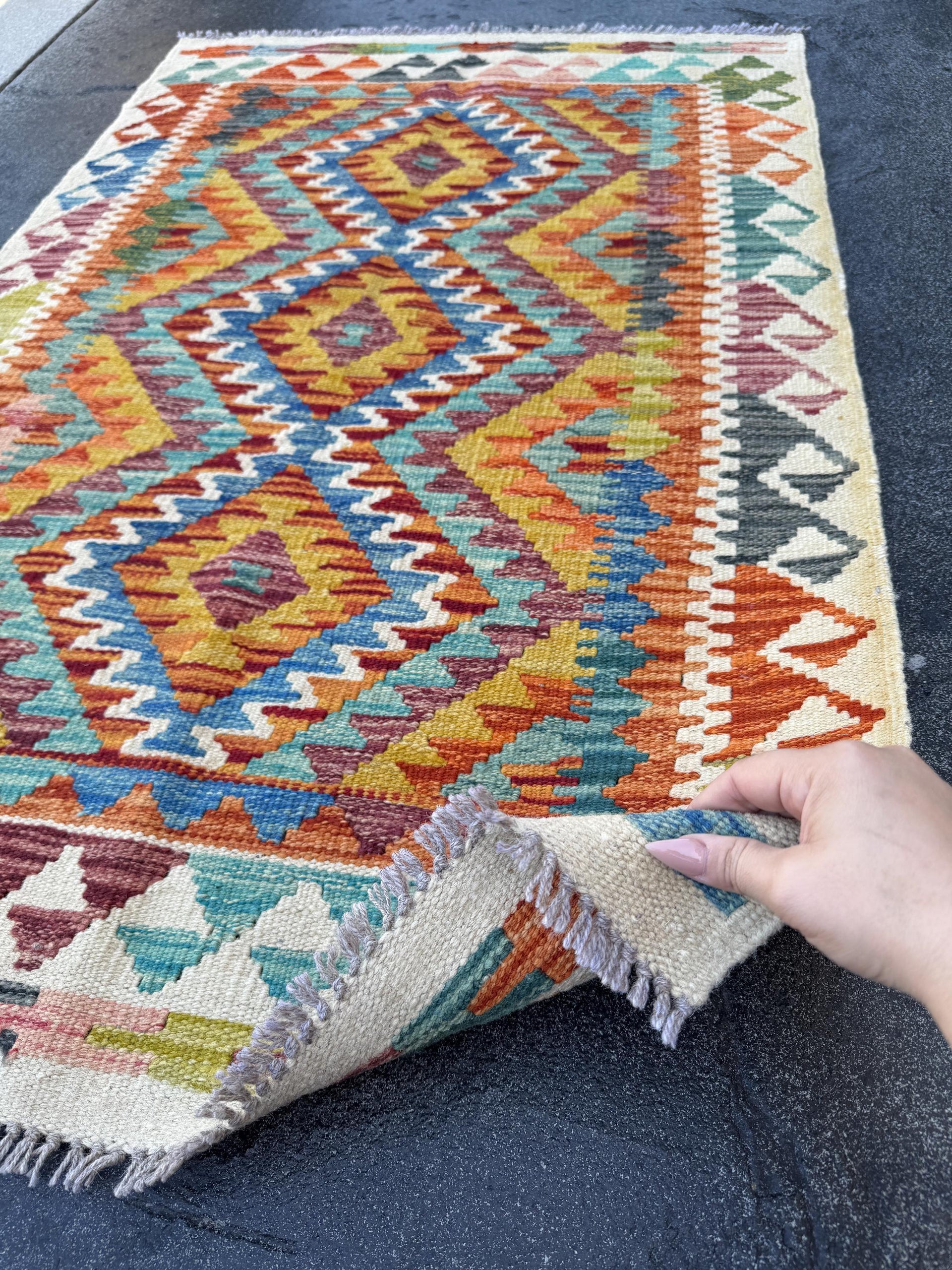 3x4 (91x121) Handmade Afghan Kilim Rug | Cream Baby Pink Orange Teal Turquoise Baby Aqua Blue Mustard Yellow Brick Burgundy Red | Wool