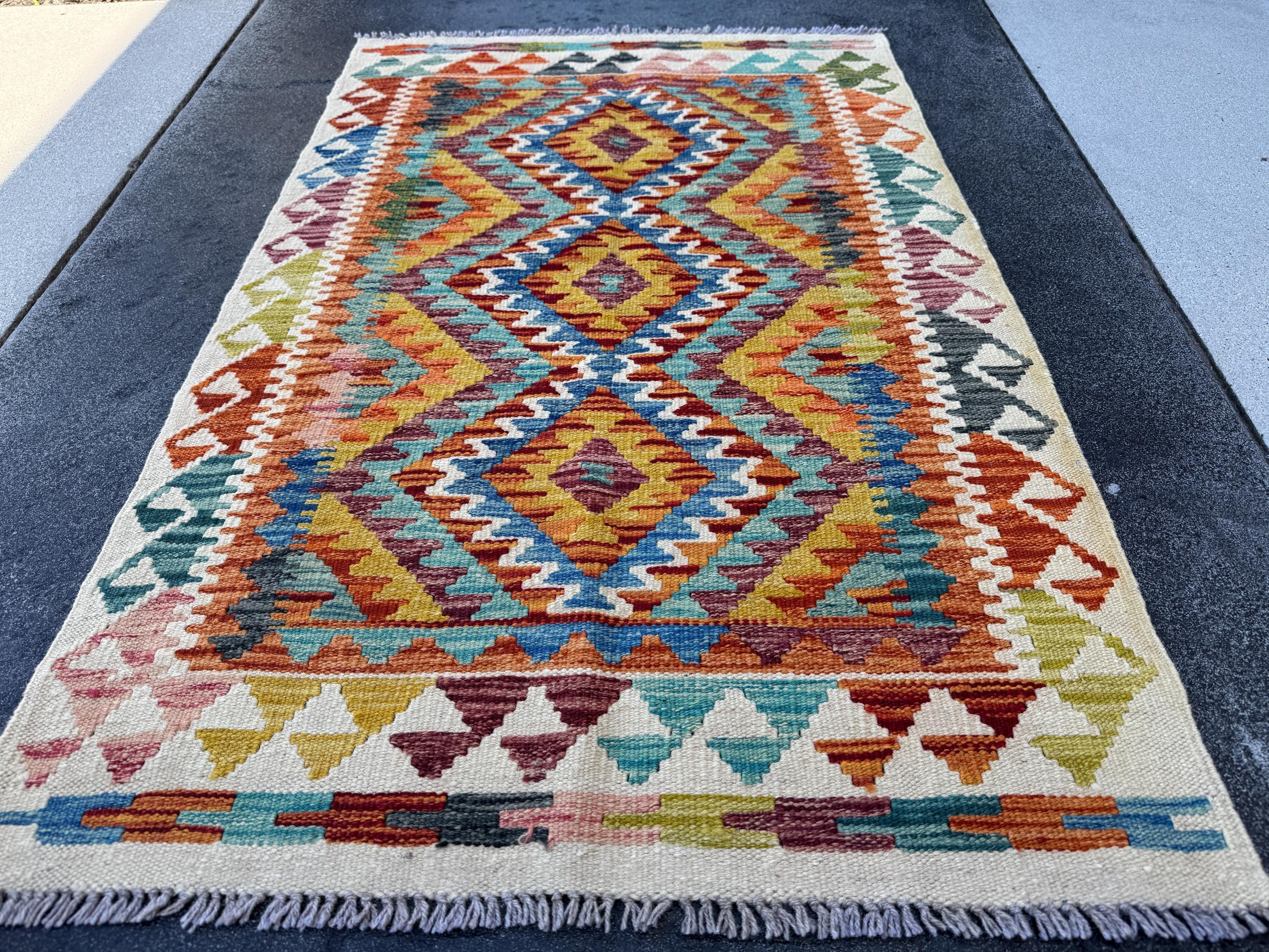 3x4 (91x121) Handmade Afghan Kilim Rug | Cream Baby Pink Orange Teal Turquoise Baby Aqua Blue Mustard Yellow Brick Burgundy Red | Wool