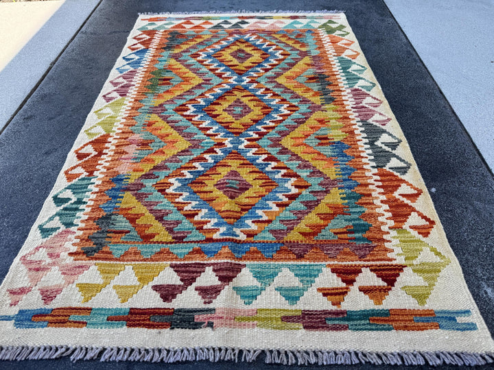 3x4 (91x121) Handmade Afghan Kilim Rug | Cream Baby Pink Orange Teal Turquoise Baby Aqua Blue Mustard Yellow Brick Burgundy Red | Wool