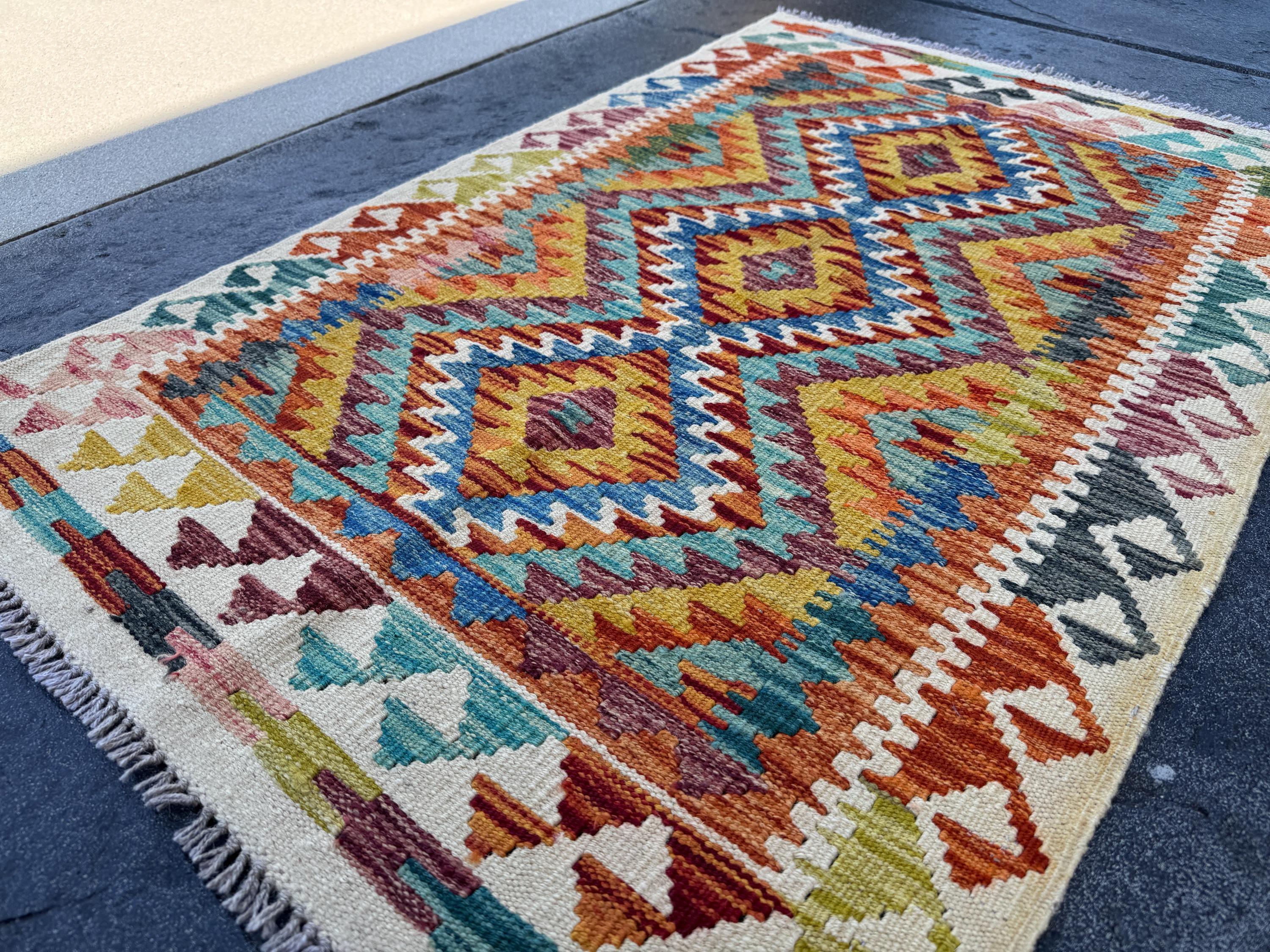 3x4 (91x121) Handmade Afghan Kilim Rug | Cream Baby Pink Orange Teal Turquoise Baby Aqua Blue Mustard Yellow Brick Burgundy Red | Wool