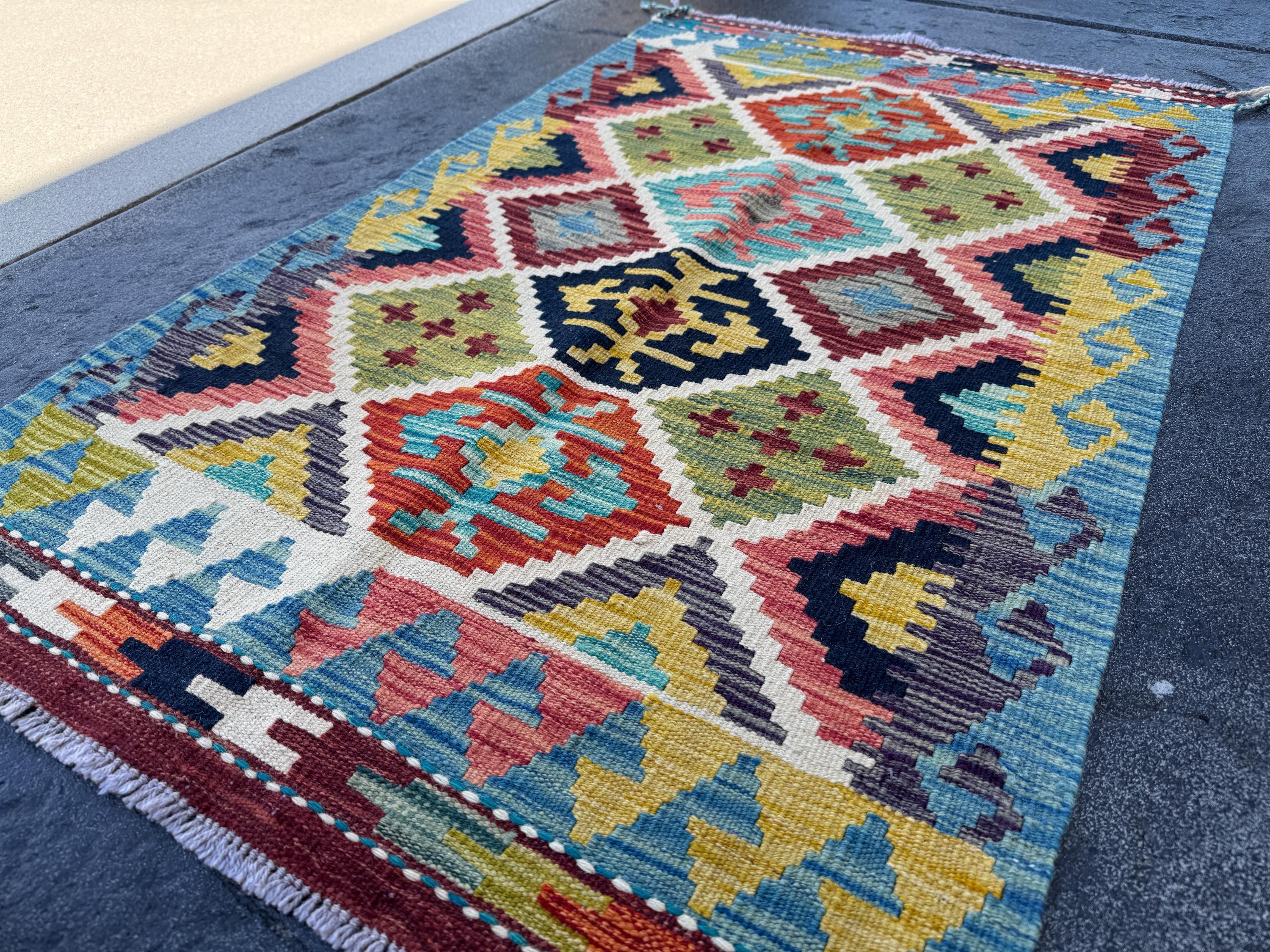 3x4 Handmade Afghan Kilim Rug | Aqua Blue Mustard Yellow Olive Green Brick Rose Red Cream White Teal Purple Grey Black | Wool Flatwoven