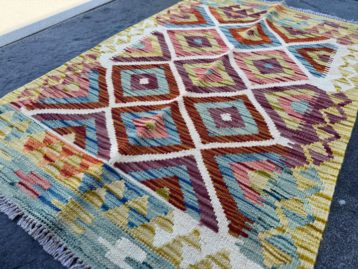3x4 (91x121) Handmade Afghan Kilim Rug | Olive Moss Sage Green Aqua Denim Blue Eggplant Purple Brick Maroon Red Orange White Teal