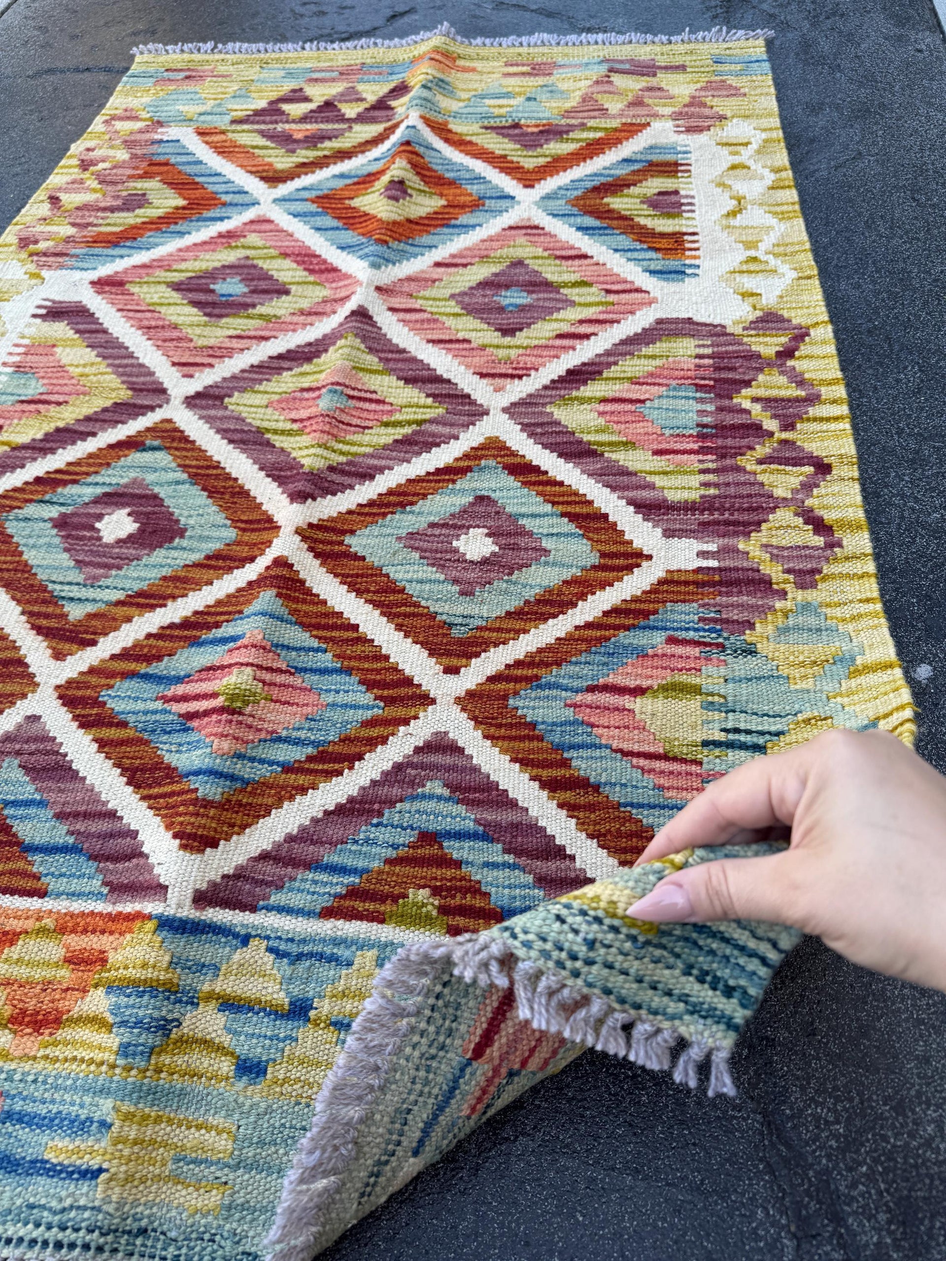 3x4 (91x121) Handmade Afghan Kilim Rug | Olive Moss Sage Green Aqua Denim Blue Eggplant Purple Brick Maroon Red Orange White Teal