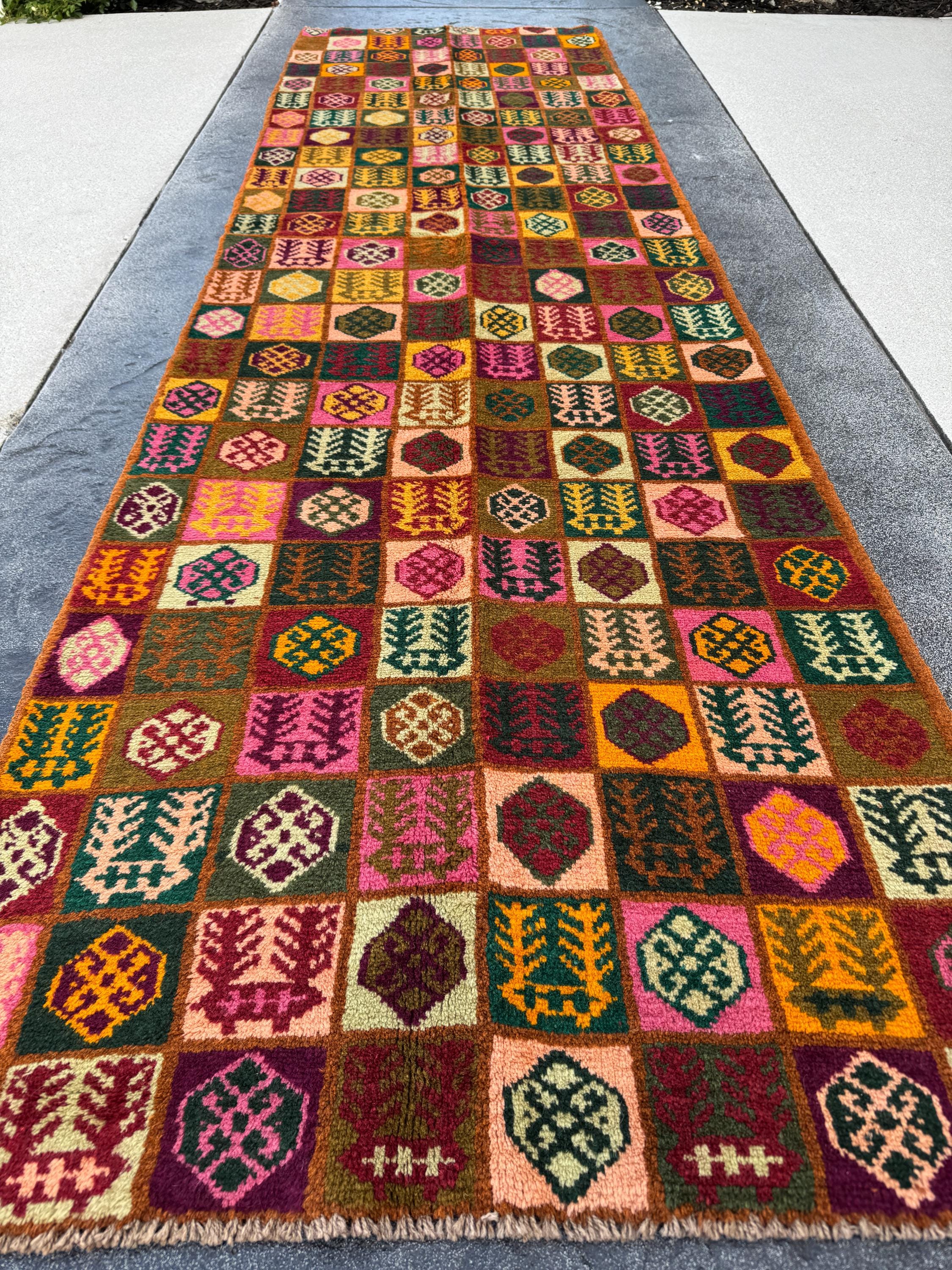 3x10 Handmade Vintage Afghan Baluch Runner Rug | Copper Brown Pine Forest Mint Olive Green Rose Pink Peach Burnt Orange Brick Red | Wool