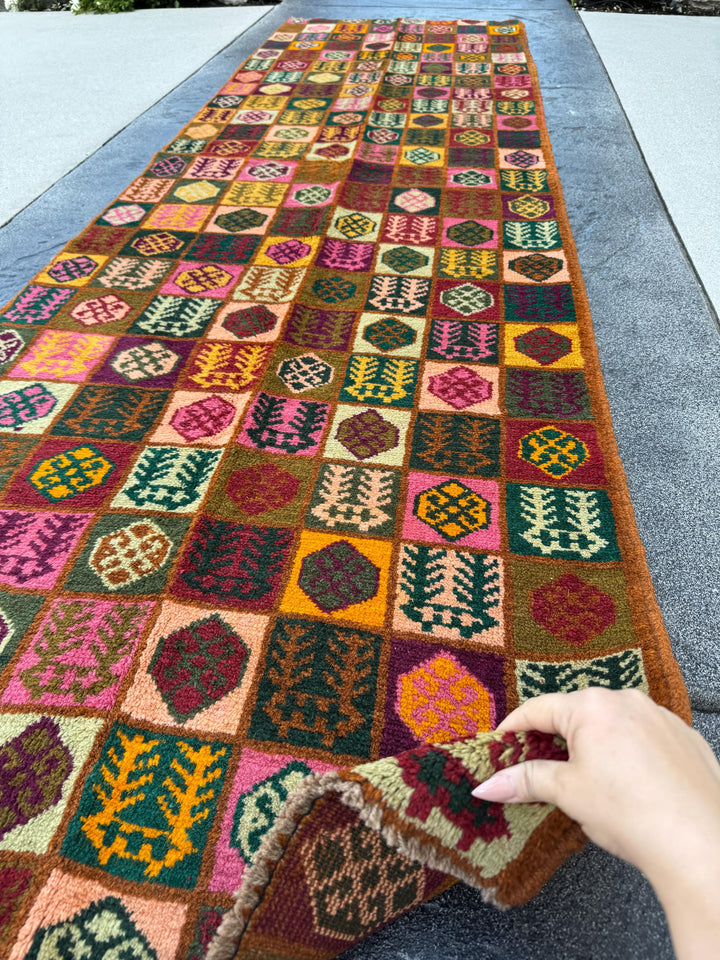 3x10 Handmade Vintage Afghan Baluch Runner Rug | Copper Brown Pine Forest Mint Olive Green Rose Pink Peach Burnt Orange Brick Red | Wool