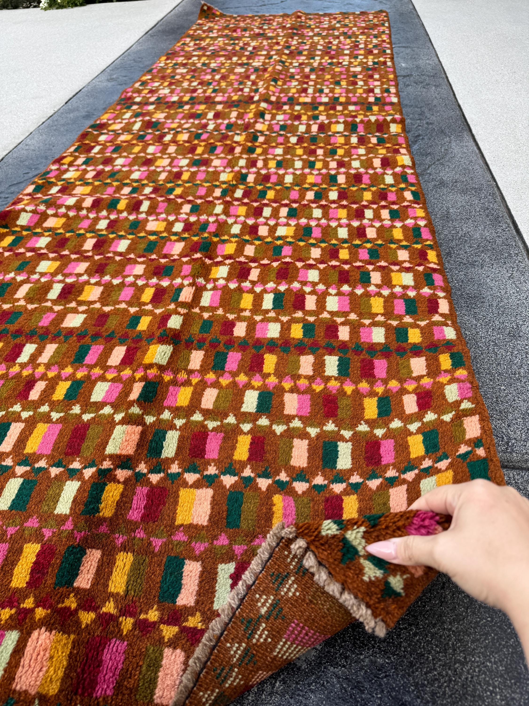 3x9 Handmade Vintage Afghan Baluch Runner Rug | Chocolate Brown Pine Mint Olive Green Rose Pink Peach Mustard Yellow Gold Brick Red | Wool
