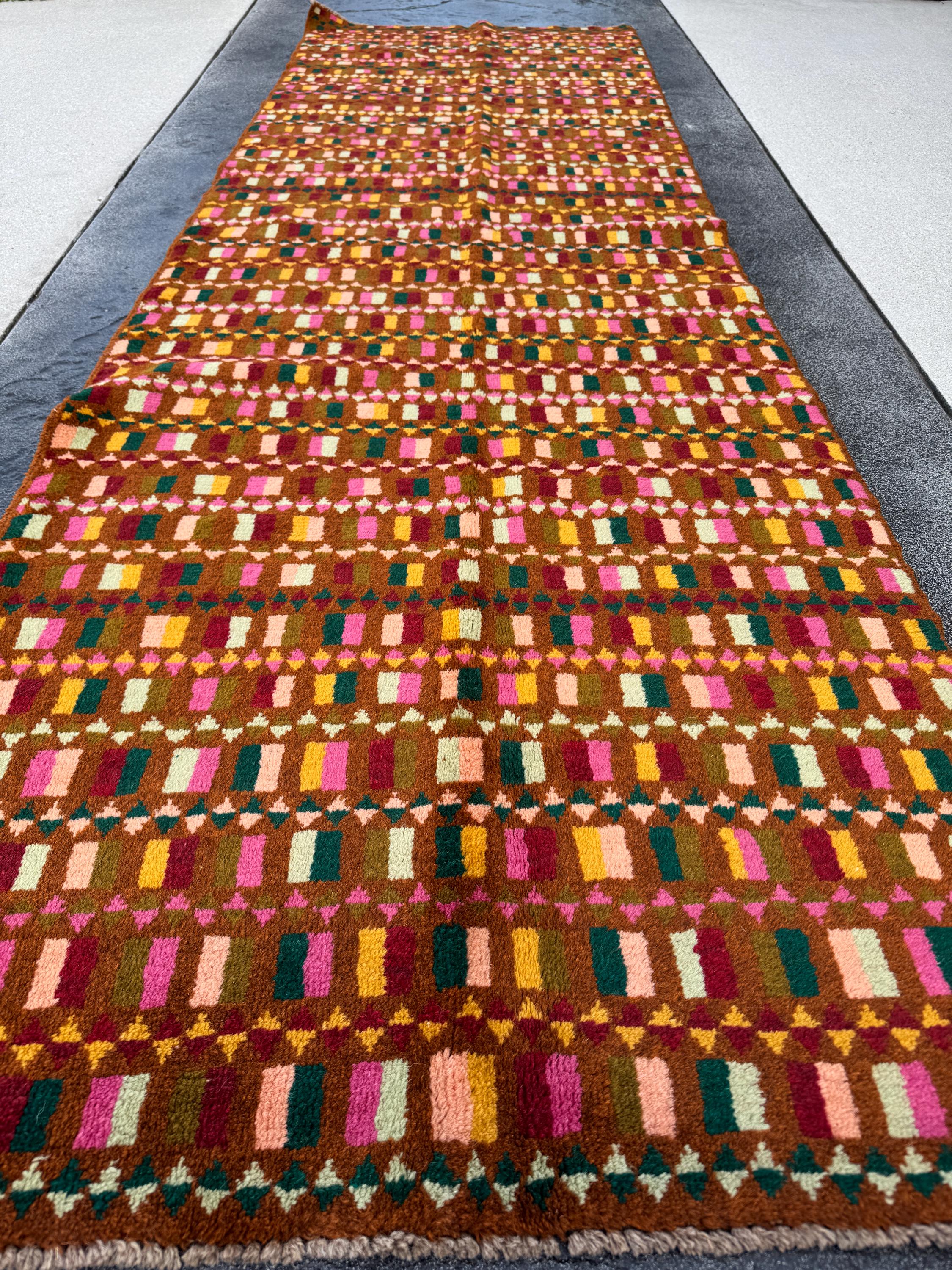 3x9 Handmade Vintage Afghan Baluch Runner Rug | Chocolate Brown Pine Mint Olive Green Rose Pink Peach Mustard Yellow Gold Brick Red | Wool