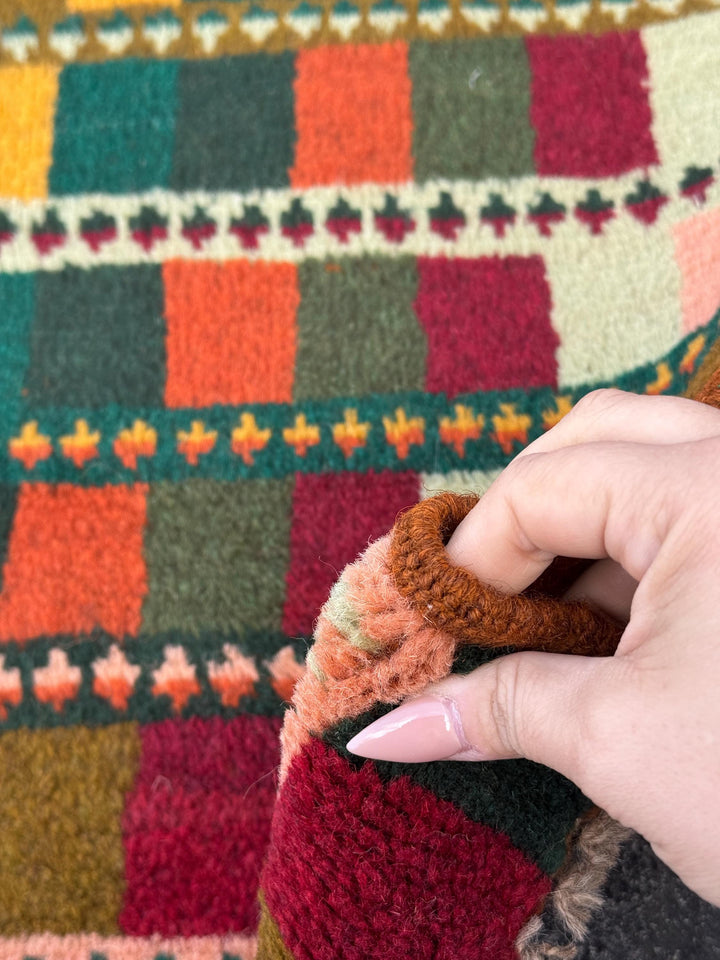 3x10 Handmade Vintage Afghan Baluch Runner Rug | Forest Pine Mint Olive Green BUrnt Orange Brick Red Peach Mustard Yellow Gold | Wool
