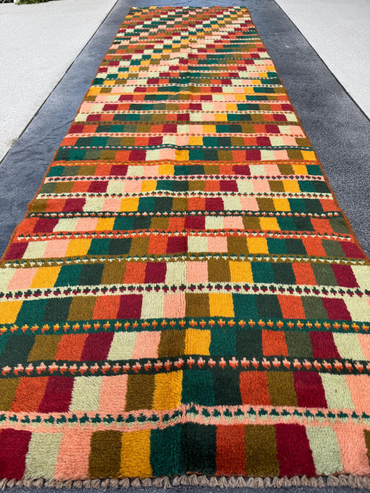 3x10 Handmade Vintage Afghan Baluch Runner Rug | Forest Pine Mint Olive Green BUrnt Orange Brick Red Peach Mustard Yellow Gold | Wool
