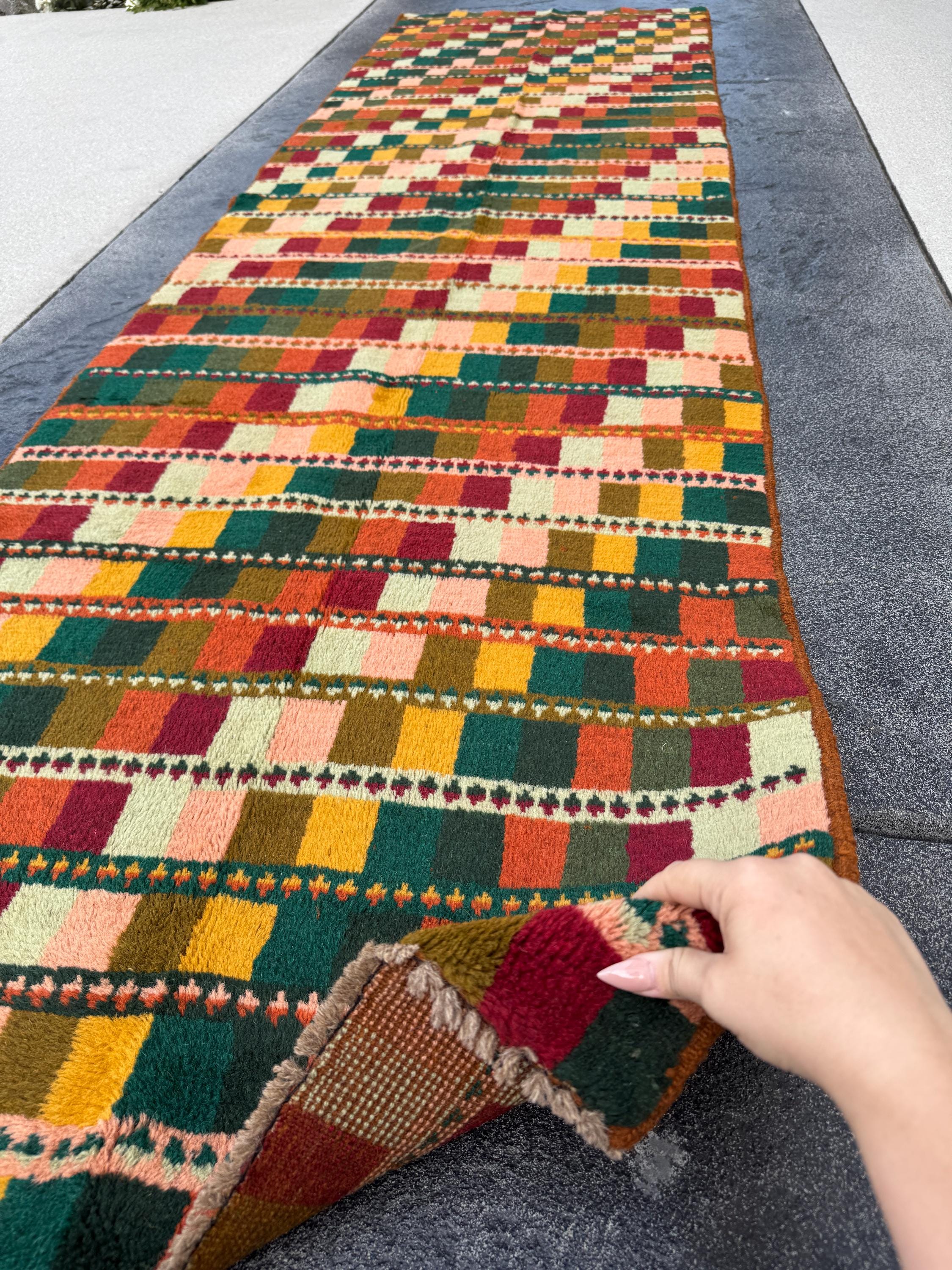 3x10 Handmade Vintage Afghan Baluch Runner Rug | Forest Pine Mint Olive Green BUrnt Orange Brick Red Peach Mustard Yellow Gold | Wool