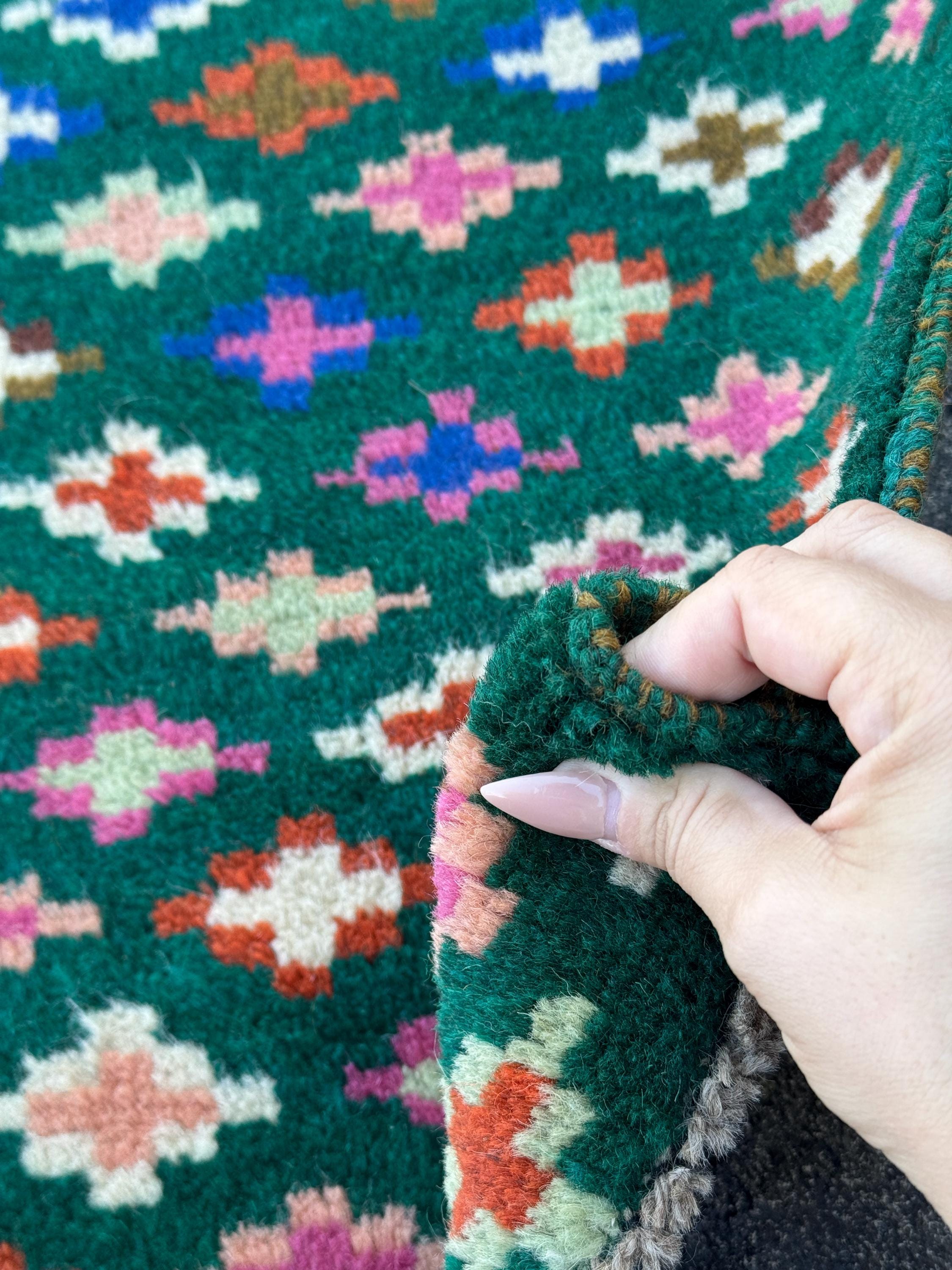 3x9 Handmade Vintage Afghan Baluch Runner Rug | Forest Mint Olive Green White Peach Rose Pink Burnt Orange Navy Blue Grey | Wool Flatwoven