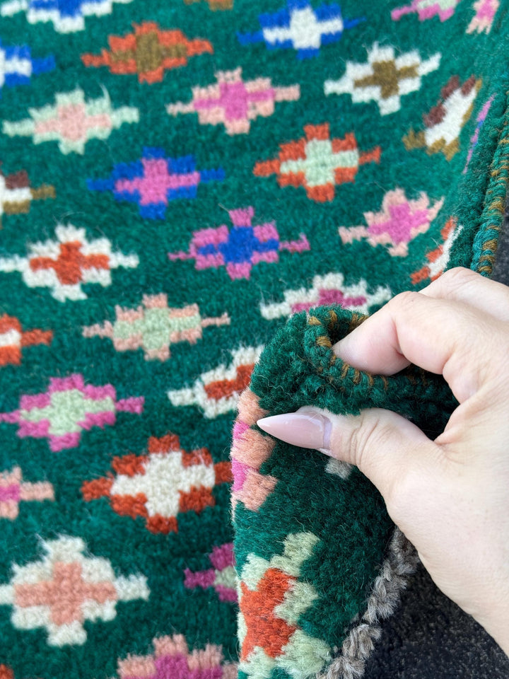 3x9 Handmade Vintage Afghan Baluch Runner Rug | Forest Mint Olive Green White Peach Rose Pink Burnt Orange Navy Blue Grey | Wool Flatwoven