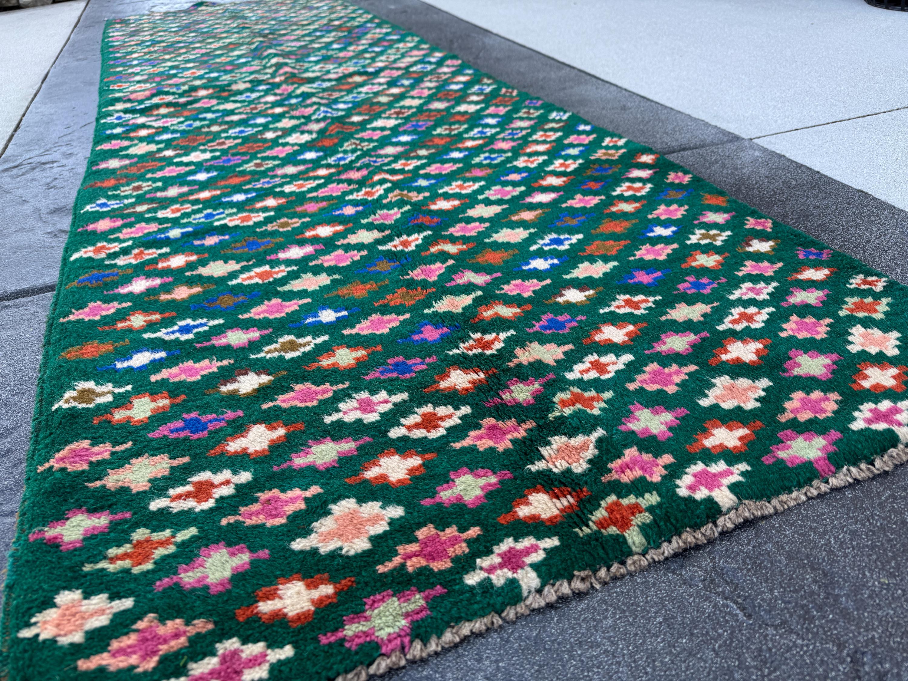 3x9 Handmade Vintage Afghan Baluch Runner Rug | Forest Mint Olive Green White Peach Rose Pink Burnt Orange Navy Blue Grey | Wool Flatwoven