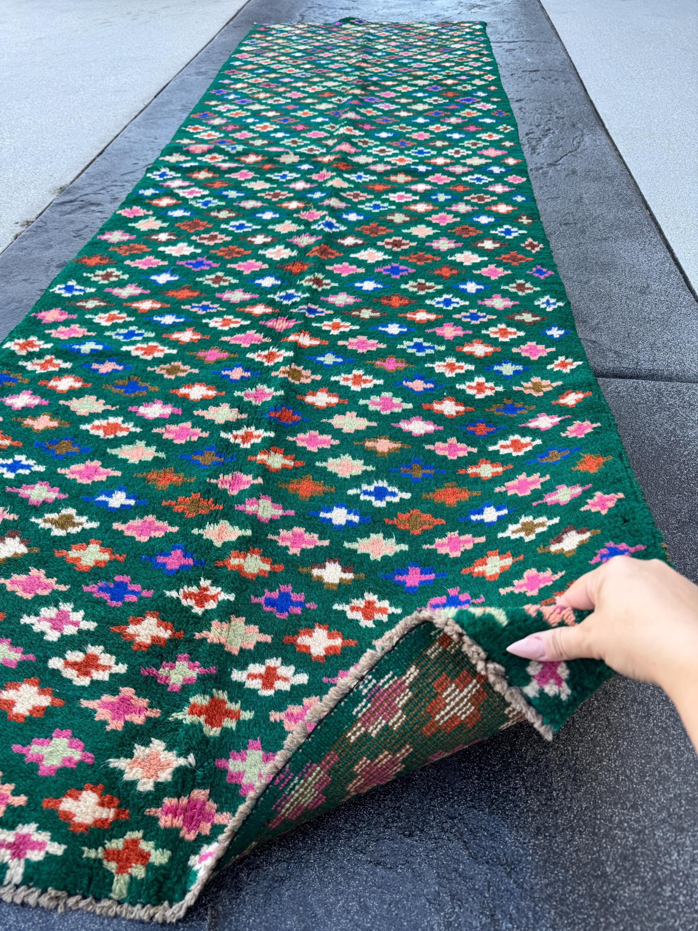 3x9 Handmade Vintage Afghan Baluch Runner Rug | Forest Mint Olive Green White Peach Rose Pink Burnt Orange Navy Blue Grey | Wool Flatwoven