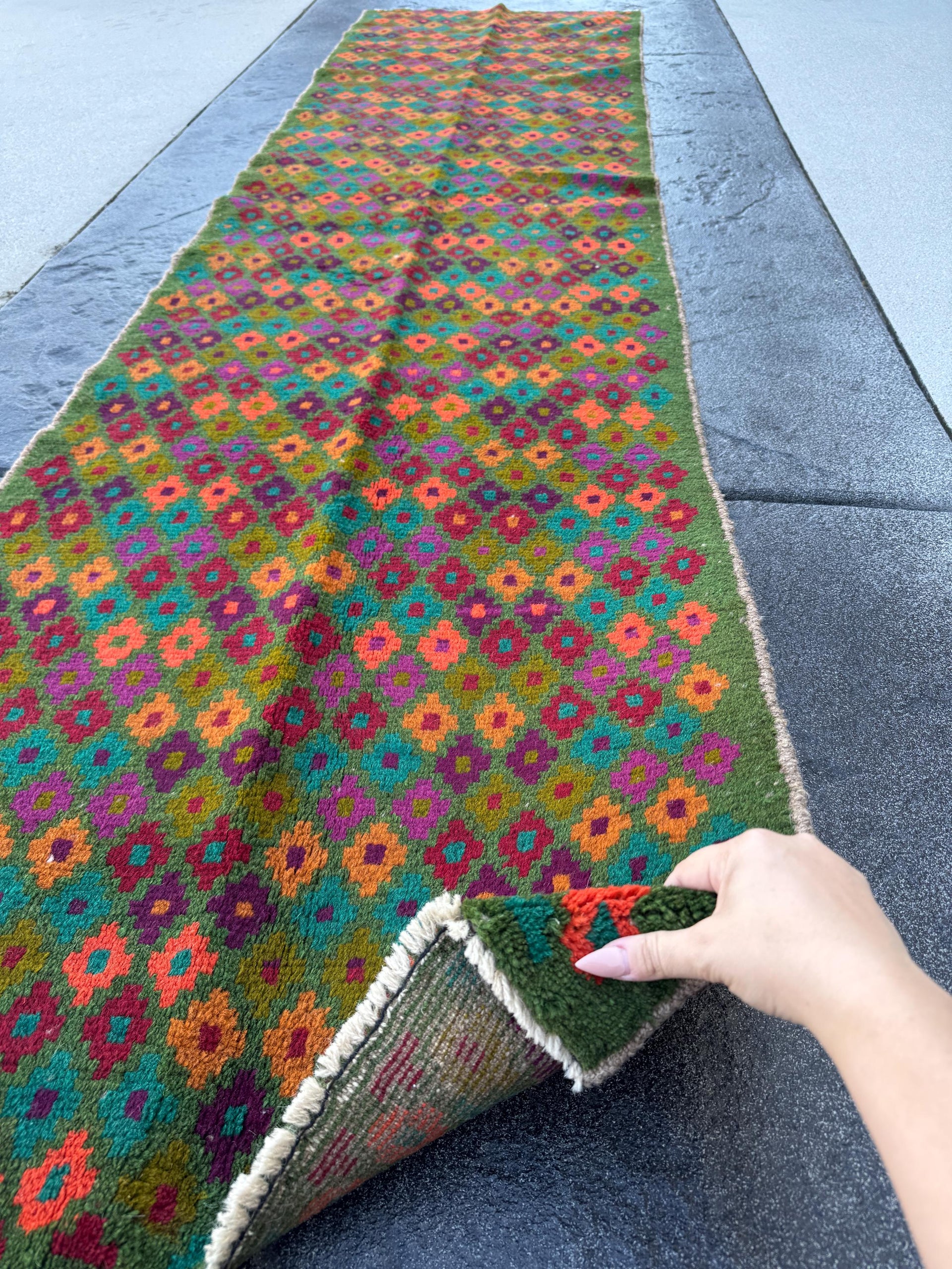 3x10 Handmade Vintage Afghan Baluch Runner Rug | Forest Olive Pine Green Burnt Orange Copper Brown Magenta Eggplant Purple Brick Red | Wool