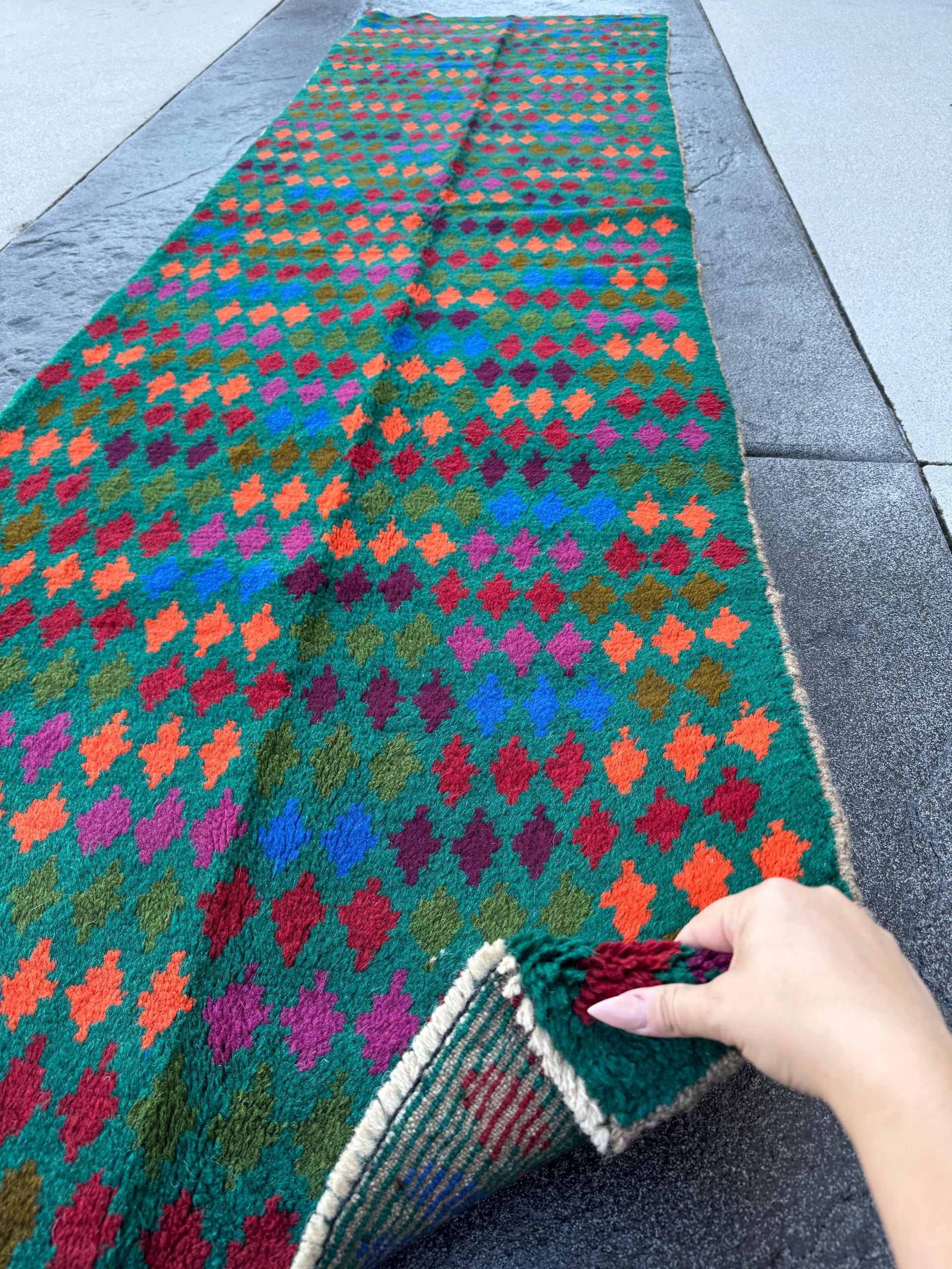 3x9 Handmade Vintage Afghan Baluch Runner Rug | Forest Pine Olive Green Burnt Orange Navy Blue Brick Red Plum Purple Magenta | Flatwoven