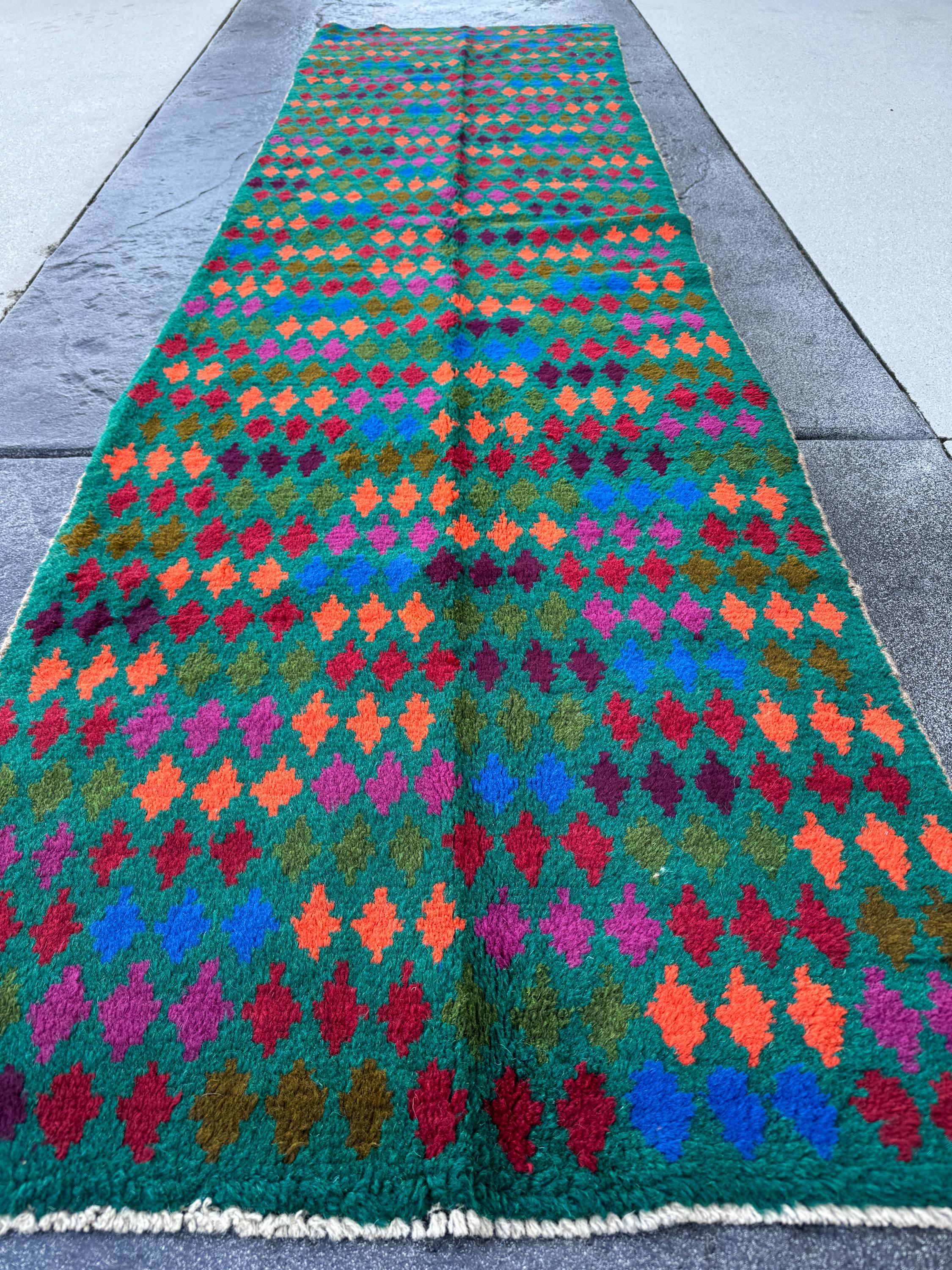 3x9 Handmade Vintage Afghan Baluch Runner Rug | Forest Pine Olive Green Burnt Orange Navy Blue Brick Red Plum Purple Magenta | Flatwoven