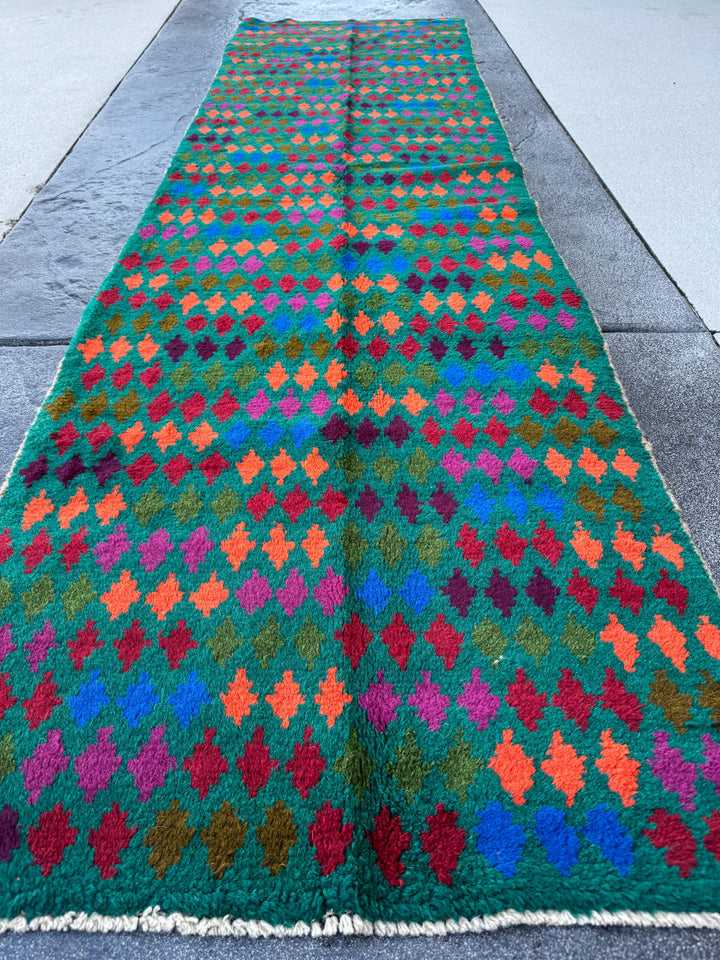 3x9 Handmade Vintage Afghan Baluch Runner Rug | Forest Pine Olive Green Burnt Orange Navy Blue Brick Red Plum Purple Magenta | Flatwoven