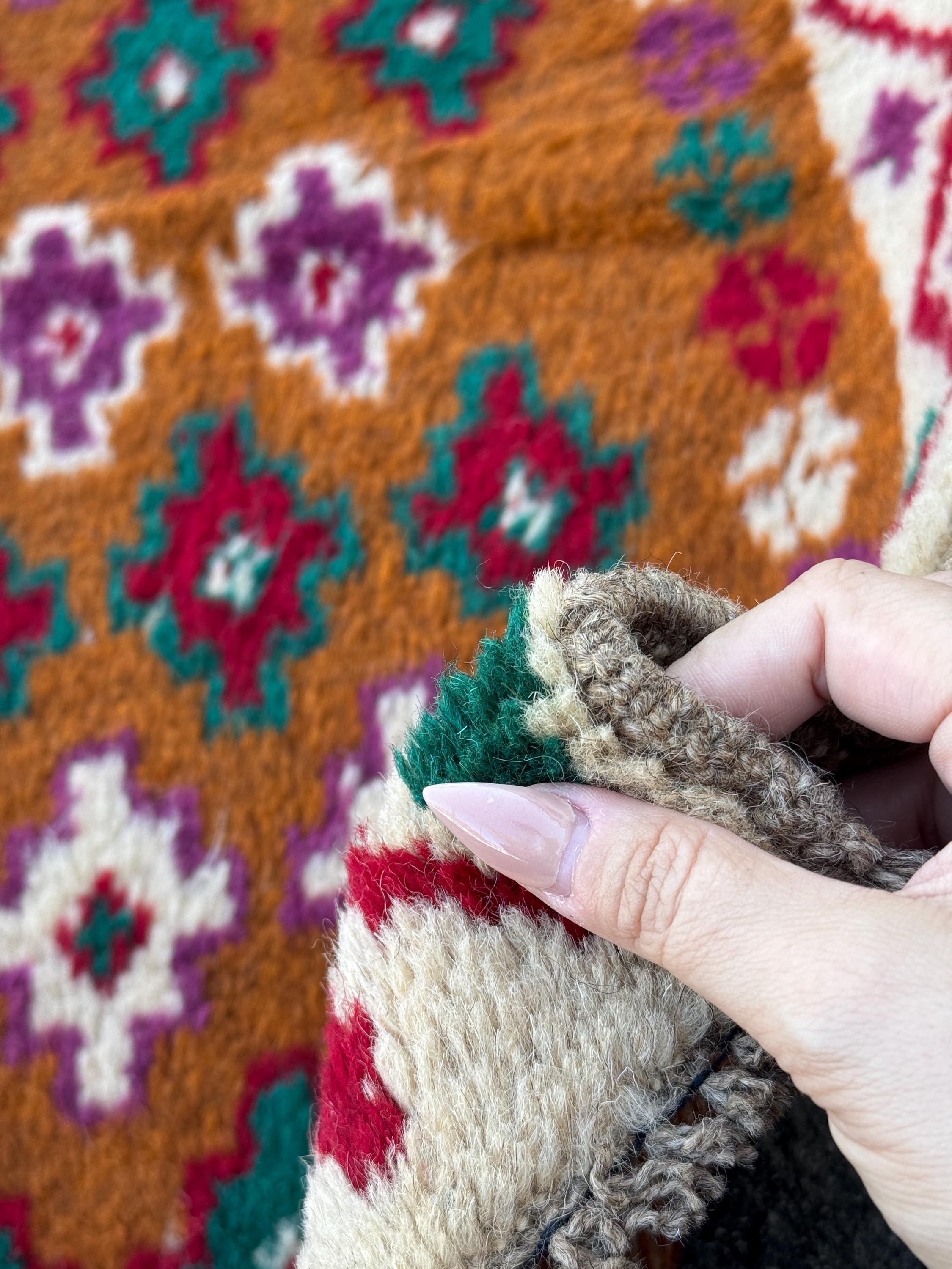3x9 Handmade Vintage Afghan Baluch Runner Rug | Chocolate Brown Brick Red White Magenta Forest Green | Wool Flatwoven