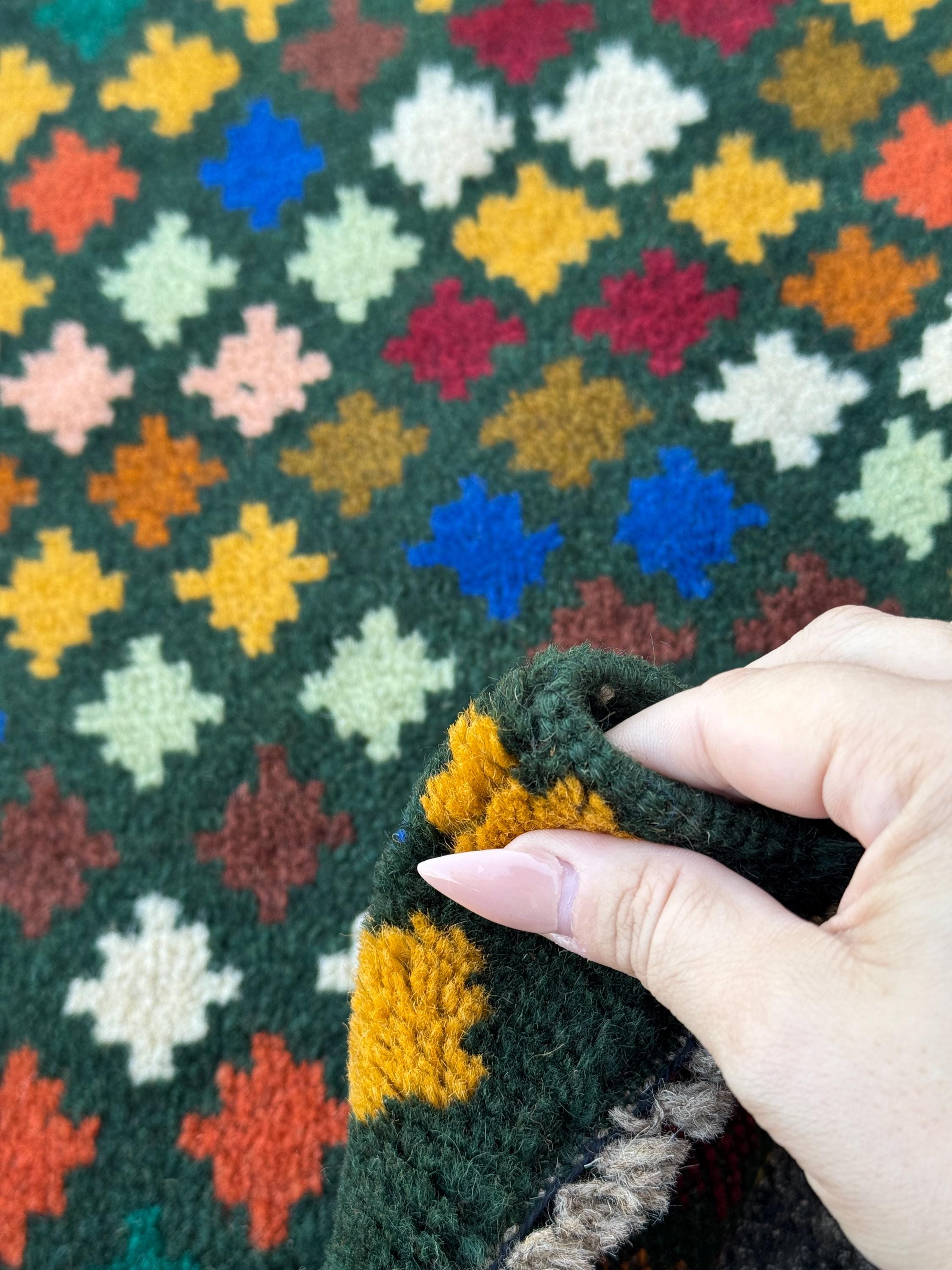 3x10 Handmade Vintage Afghan Baluch Runner Rug | Forest Pine Mint Olive White Navy Blue Burnt Orange Mustard Gold Chocolate Peach Brick Red