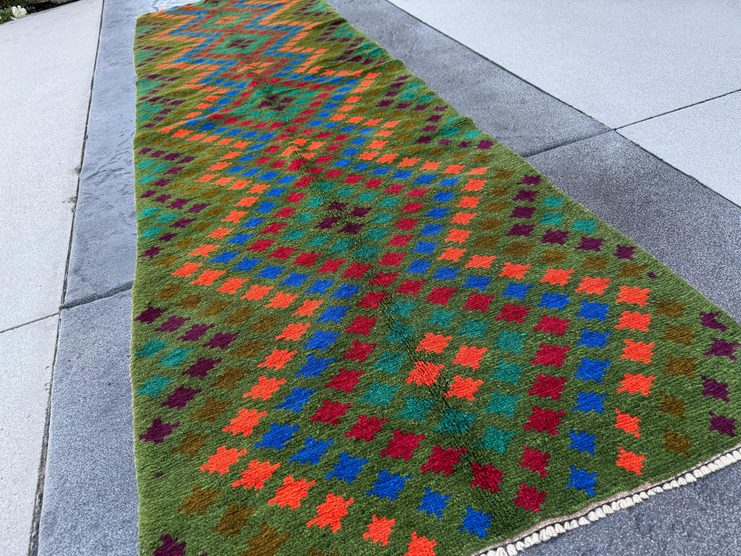 3x10 Handmade Vintage Afghan Baluch Runner Rug | Forest Pine Olive Green Navy Blue Burnt Orange Brick Red Magenta | Wool Flatwoven