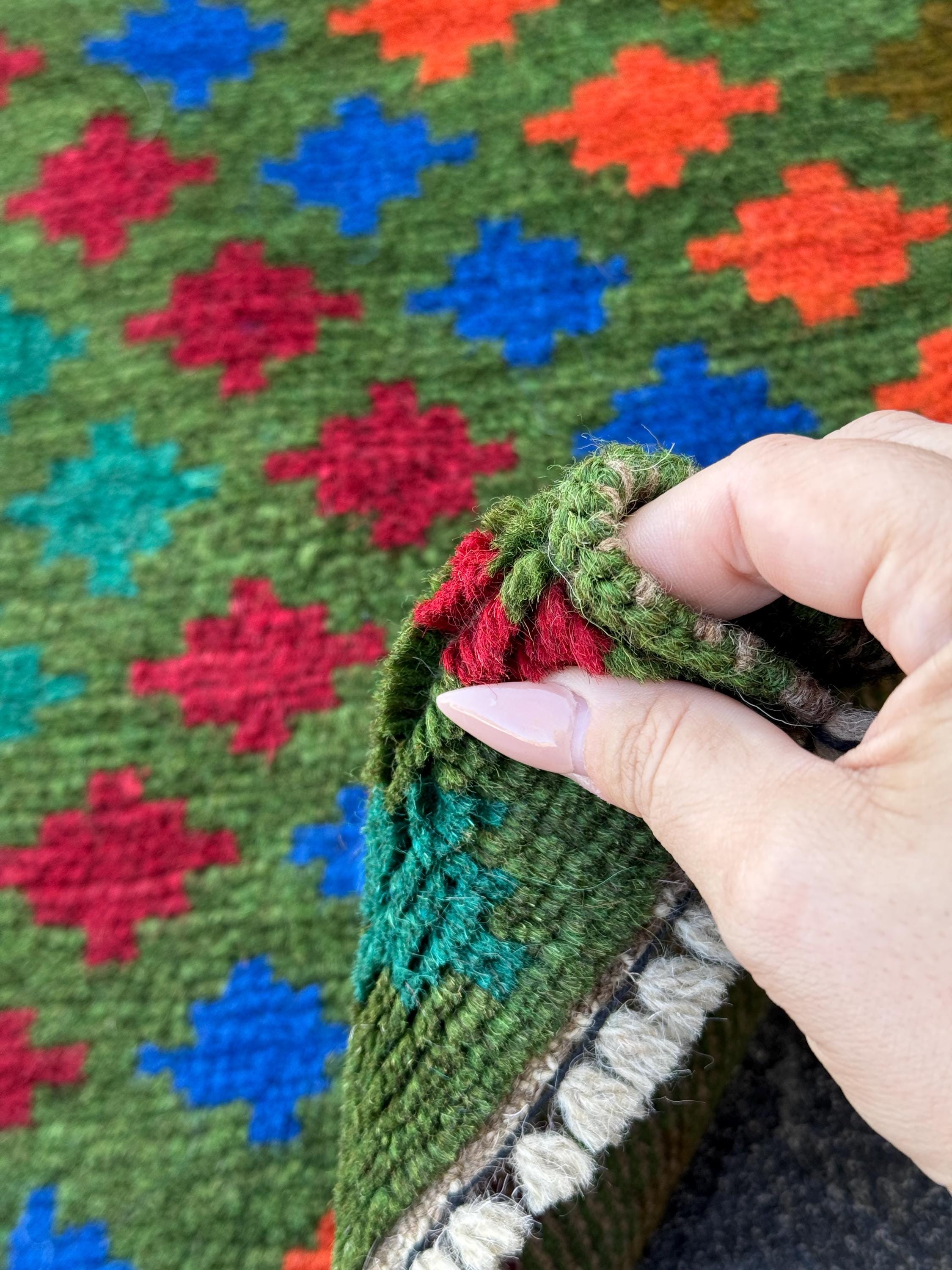 3x10 Handmade Vintage Afghan Baluch Runner Rug | Forest Pine Olive Green Navy Blue Burnt Orange Brick Red Magenta | Wool Flatwoven