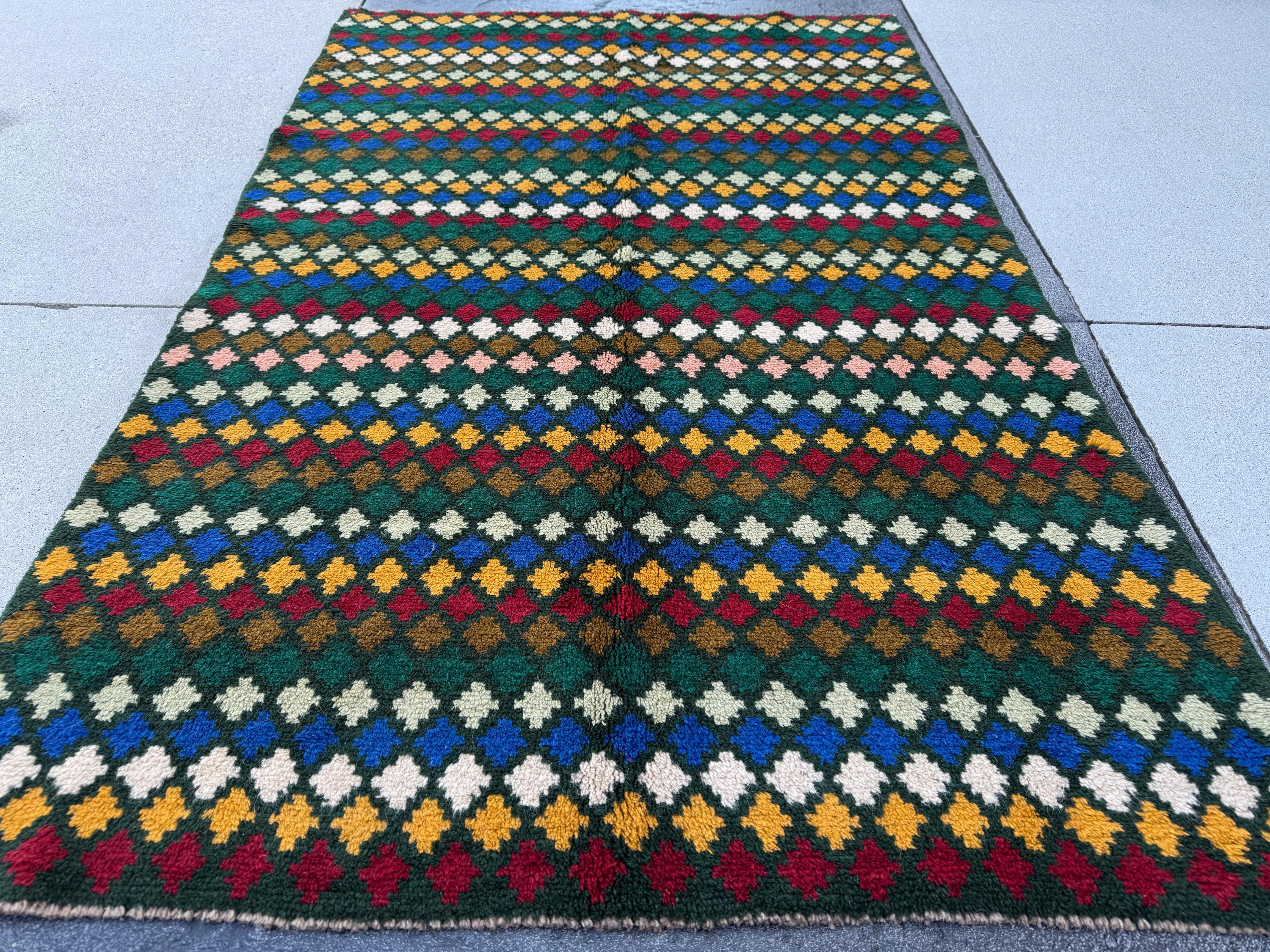 4x6 Handmade Vintage Afghan Baluch Rug | Pine Forest Mint Olive Green Brick Red Mustard Gold Yellow Navy Blue White | Wool Flatwoven