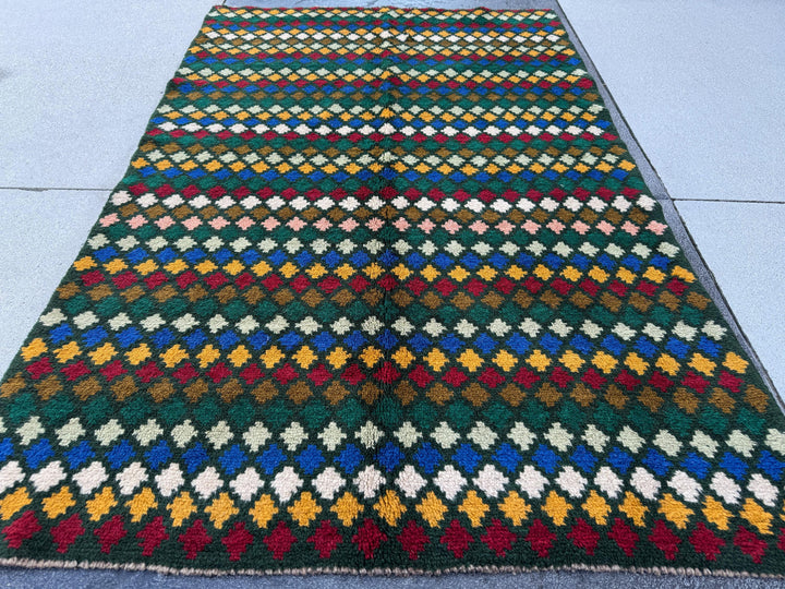 4x6 Handmade Vintage Afghan Baluch Rug | Pine Forest Mint Olive Green Brick Red Mustard Gold Yellow Navy Blue White | Wool Flatwoven