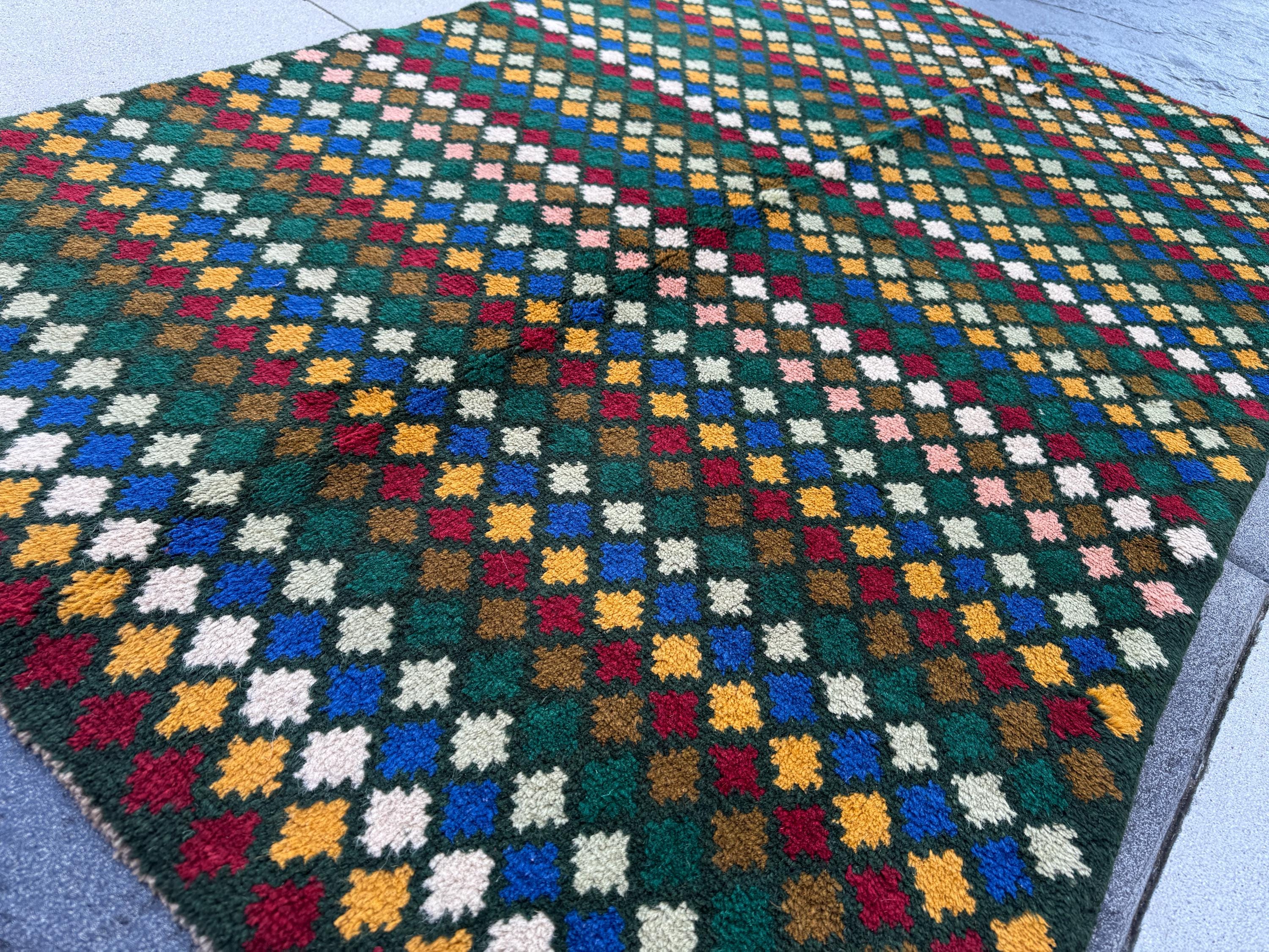 4x6 Handmade Vintage Afghan Baluch Rug | Pine Forest Mint Olive Green Brick Red Mustard Gold Yellow Navy Blue White | Wool Flatwoven