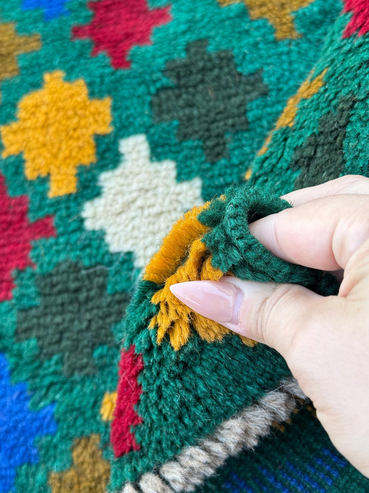 4x6 Handmade Vintage Afghan Baluch Rug | Pine Forest Olive Green Brick Red Mustard Gold Yellow Navy Blue White Copper Brown | Wool Flatwoven