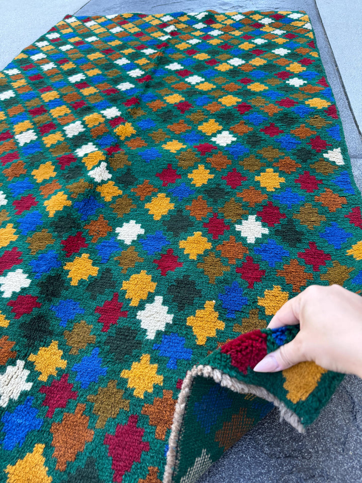 4x6 Handmade Vintage Afghan Baluch Rug | Pine Forest Olive Green Brick Red Mustard Gold Yellow Navy Blue White Copper Brown | Wool Flatwoven