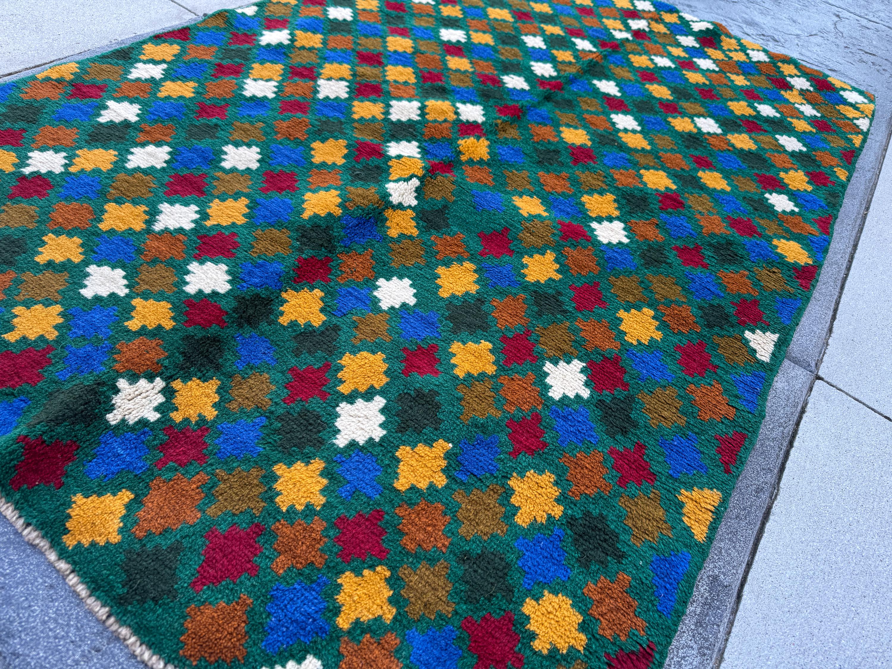 4x6 Handmade Vintage Afghan Baluch Rug | Pine Forest Olive Green Brick Red Mustard Gold Yellow Navy Blue White Copper Brown | Wool Flatwoven