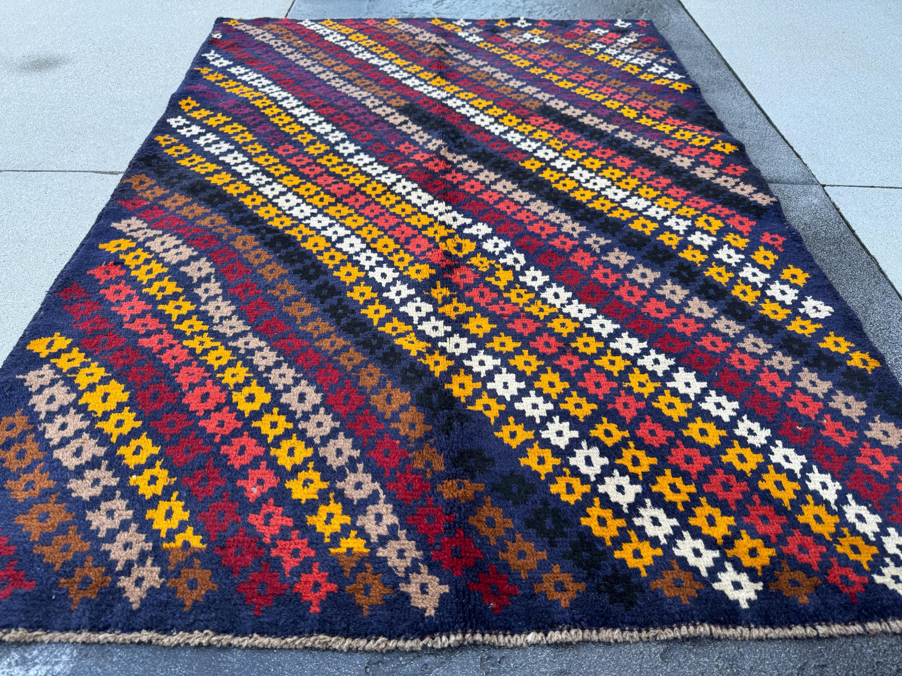 4x6 Handmade Vintage Afghan Baluch Rug | Midnight Blue Mustard Gold Yellow White Black Brick Red Burnt Orange Chocolate Brown Beige | Wool