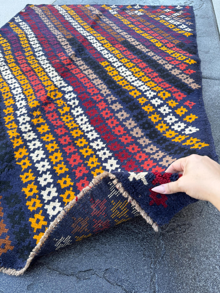 4x6 Handmade Vintage Afghan Baluch Rug | Midnight Blue Mustard Gold Yellow White Black Brick Red Burnt Orange Chocolate Brown Beige | Wool