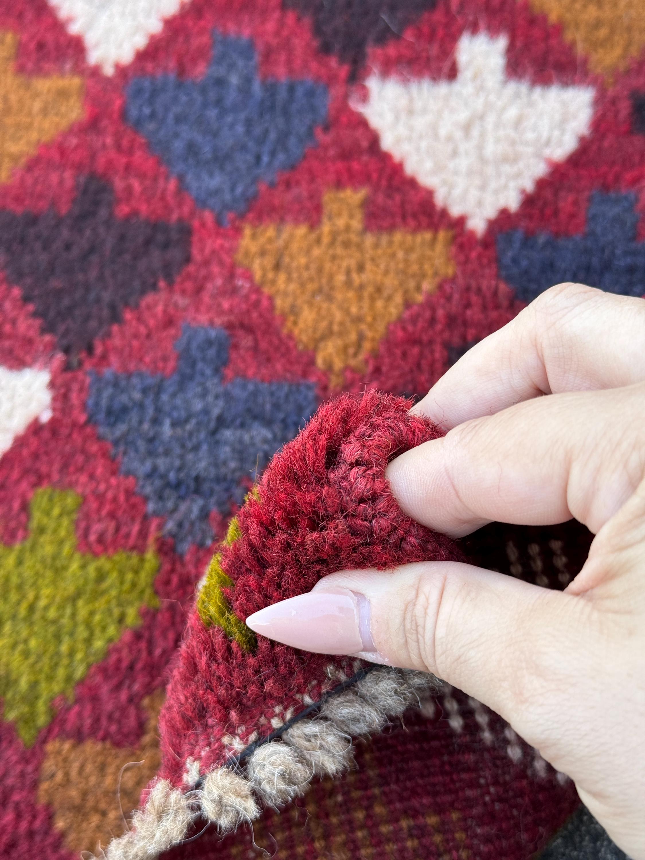3x6 Handmade Vintage Afghan Baluch Rug | Brick Red White Olive Green Black Midnight Blue Copper Brown | Wool Flatwoven