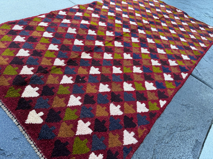 3x6 Handmade Vintage Afghan Baluch Rug | Brick Red White Olive Green Black Midnight Blue Copper Brown | Wool Flatwoven