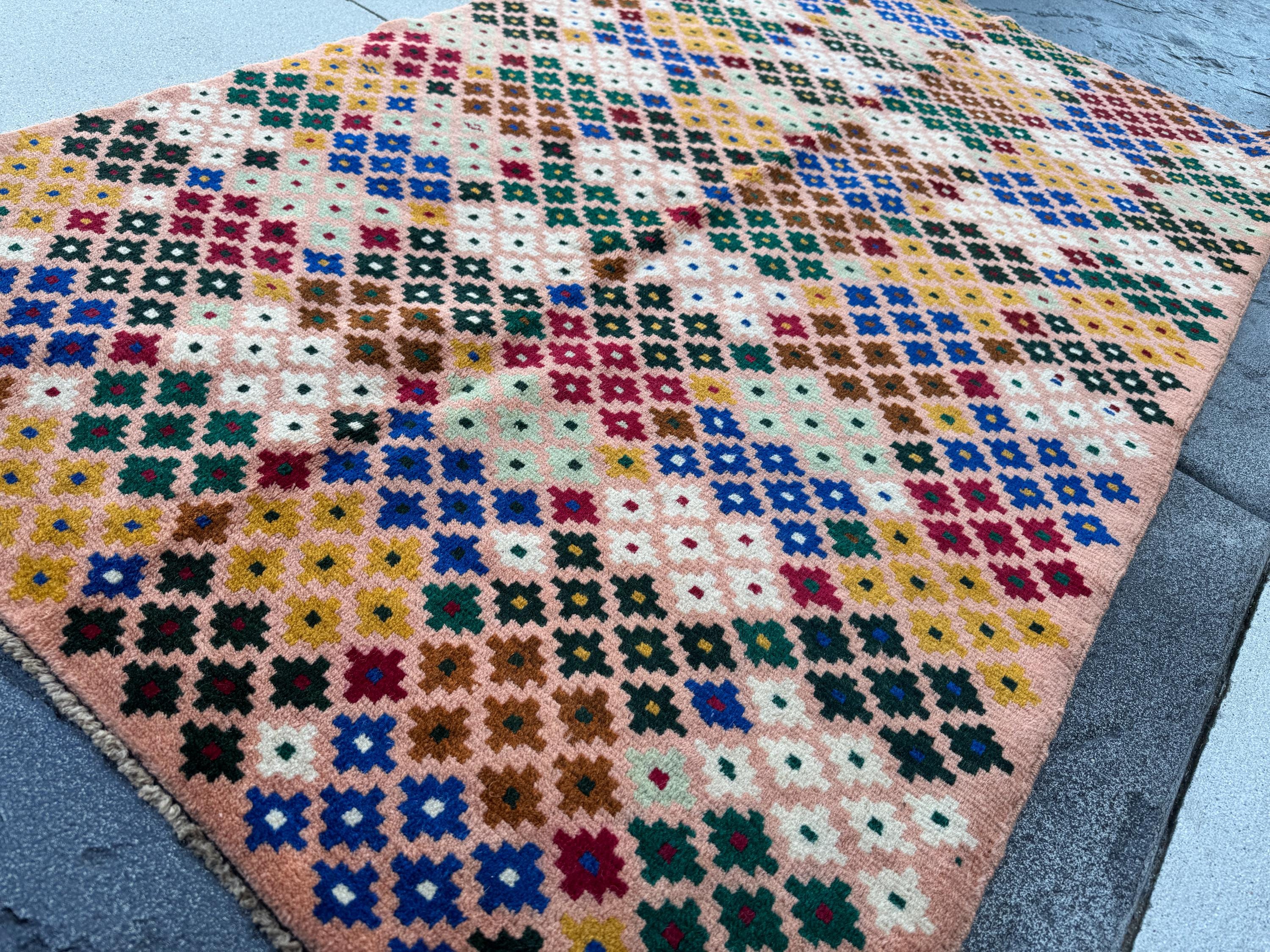 4x6 Handmade Vintage Afghan Baluch Rug | Peach Forest Pine Mint Green White Navy Blue Brick Red Copper Brown Mustard Yellow | Wool Flatwoven