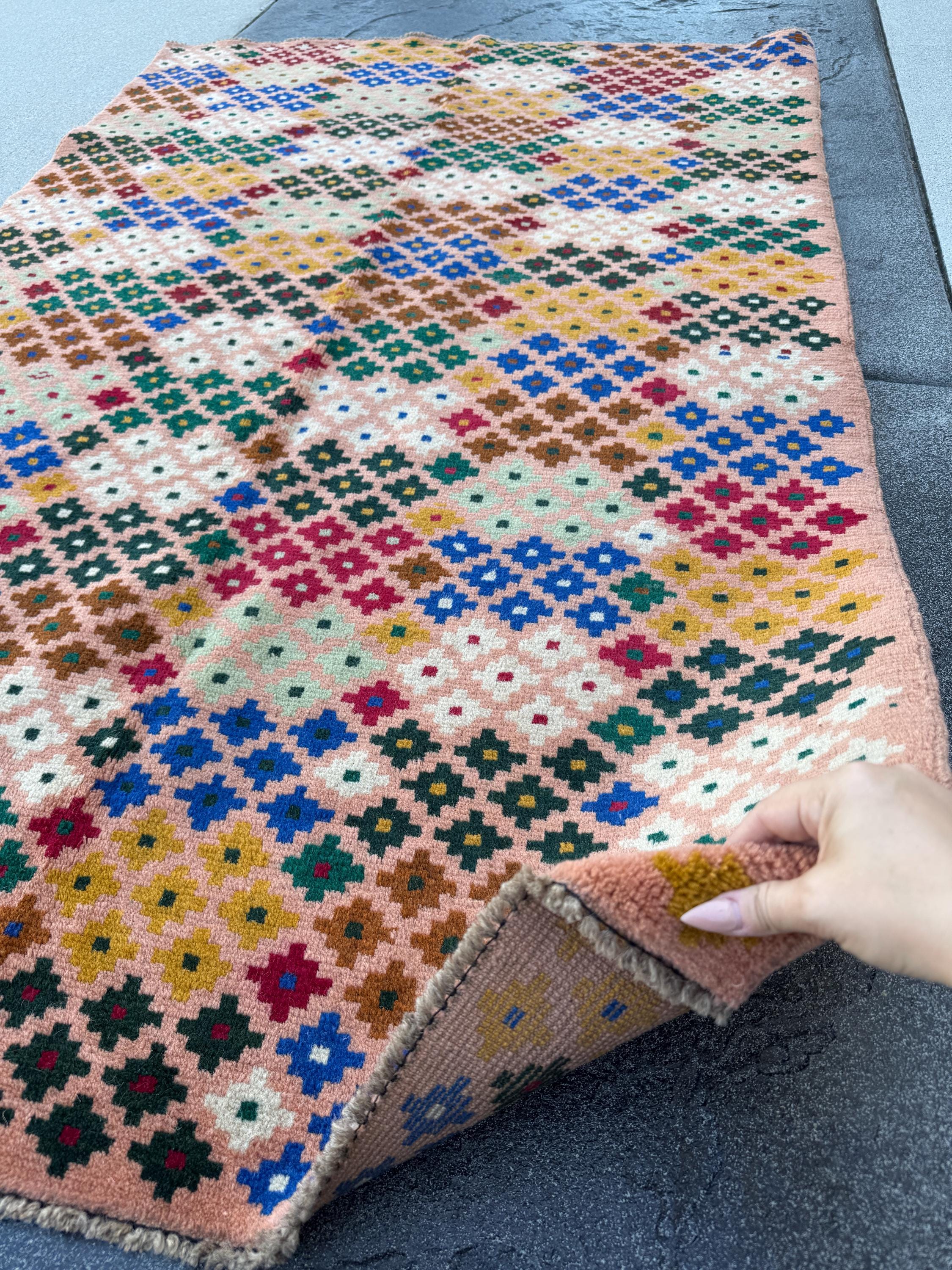 4x6 Handmade Vintage Afghan Baluch Rug | Peach Forest Pine Mint Green White Navy Blue Brick Red Copper Brown Mustard Yellow | Wool Flatwoven
