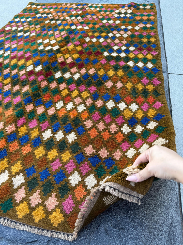 4x6 Handmade Vintage Afghan Baluch Rug | Copper Brown Navy Blue Forest Pine Green Rose Pink Mustard Gold Burnt Orange Peach White Chocolate