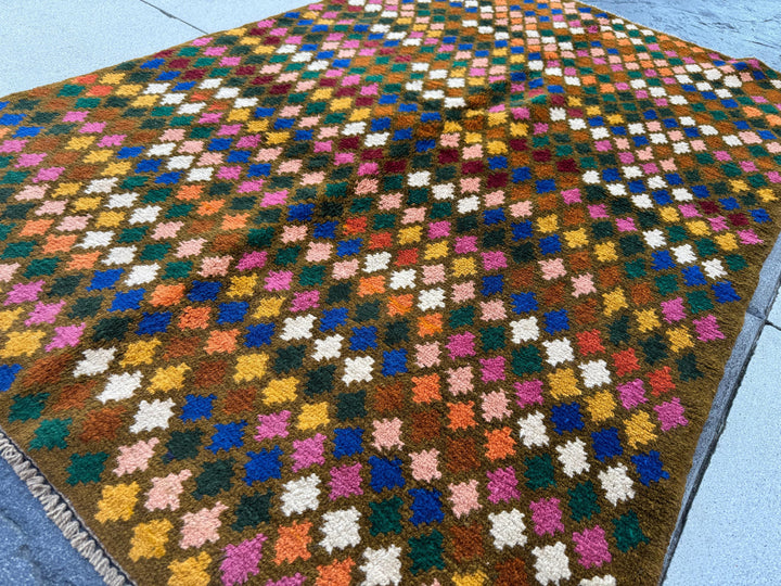 4x6 Handmade Vintage Afghan Baluch Rug | Copper Brown Navy Blue Forest Pine Green Rose Pink Mustard Gold Burnt Orange Peach White Chocolate