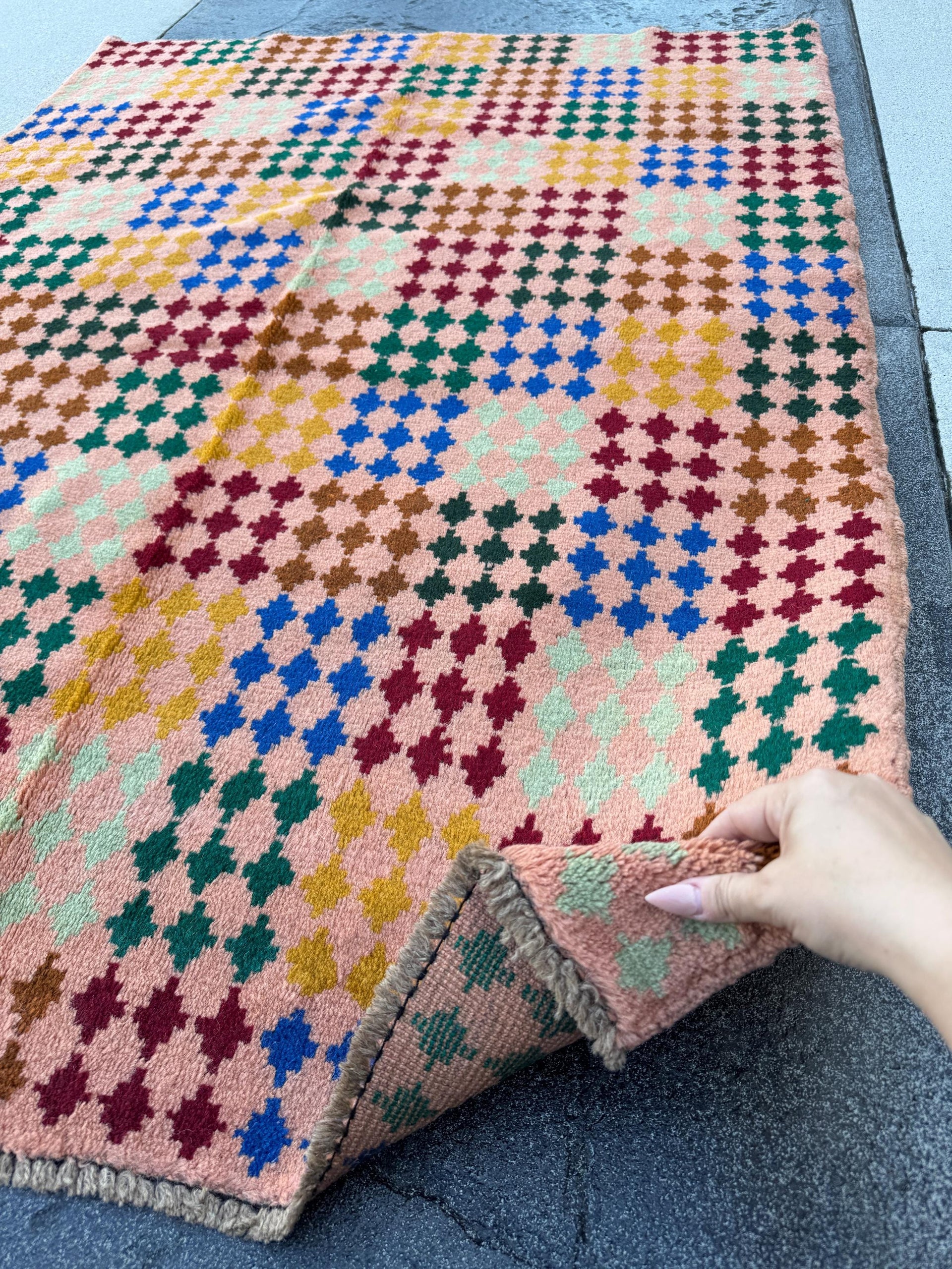 4x6 Handmade Vintage Afghan Baluch Rug | Peach Pine Mint Green Mustard Gold Brick Red Copper Brown | Wool Flatwoven