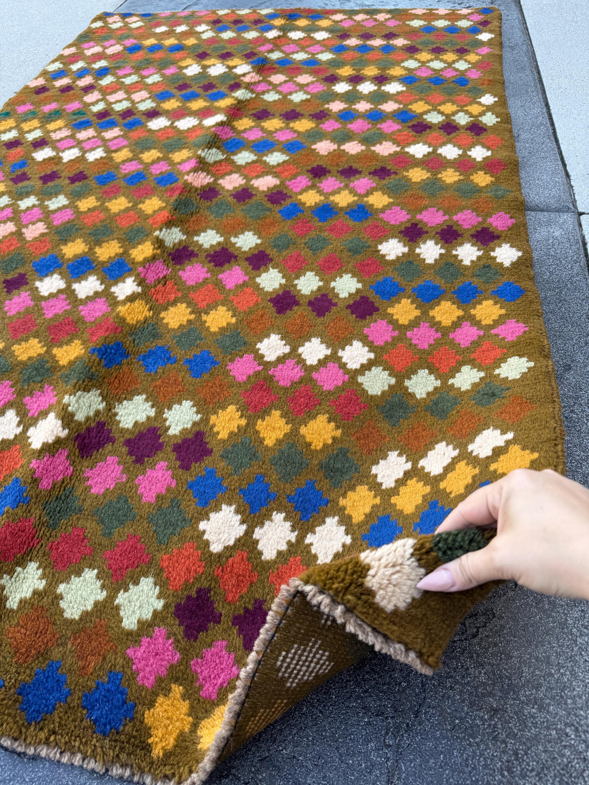 4x6 Handmade Vintage Afghan Baluch Rug | Olive Pine Mint Green Mustard Gold Navy Blue White Brick Red Burnt Orange Rose Pink Magenta Peach